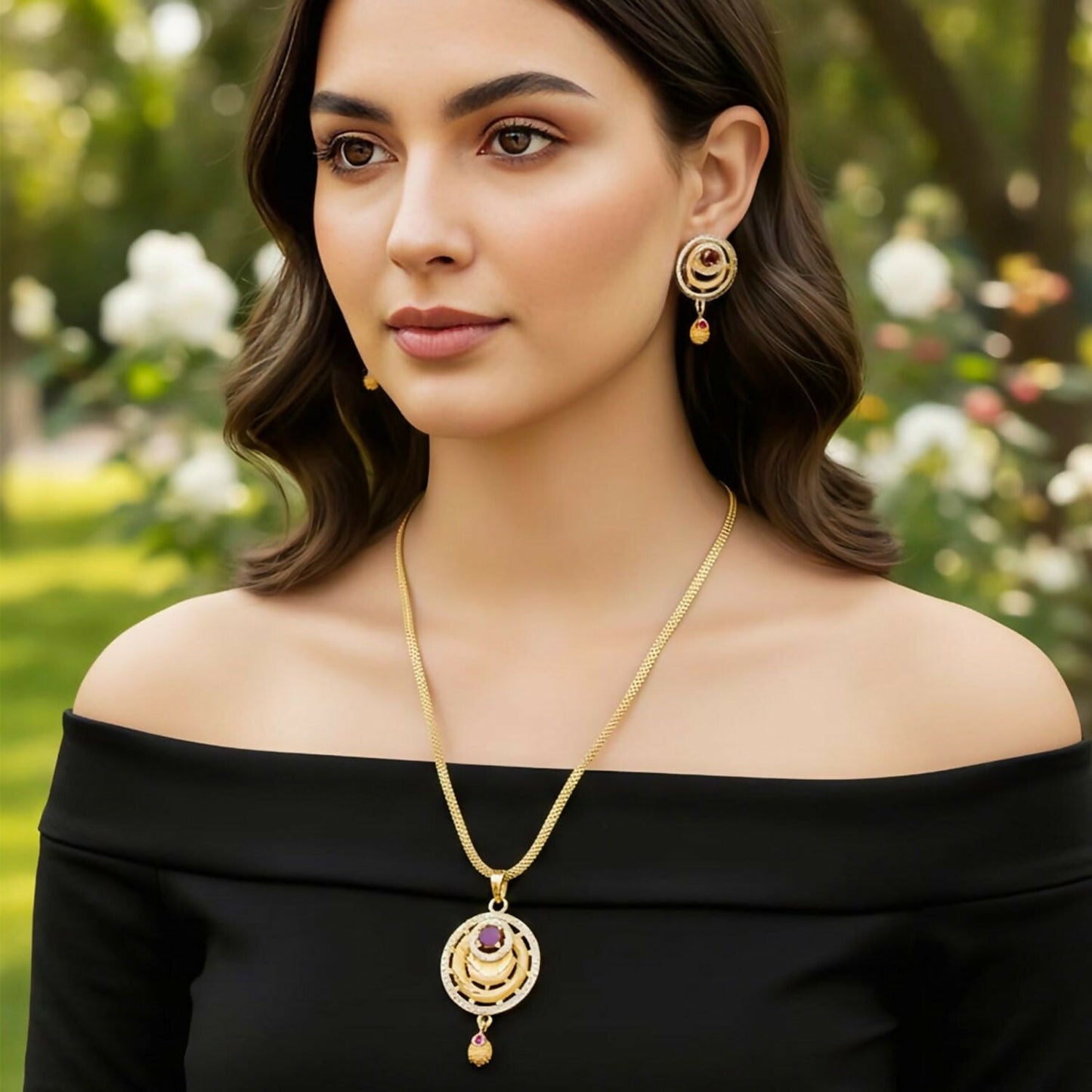 Artificial Gold-Tone Fashion Pendant Necklace Set with Ruby Accents and Matching Stud Earrings
