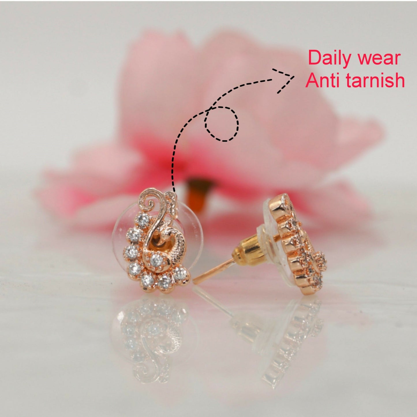 Rose Artificial Gold-Plated AD Diamond Stud Earrings | Elegant Peacock Design for women and girls