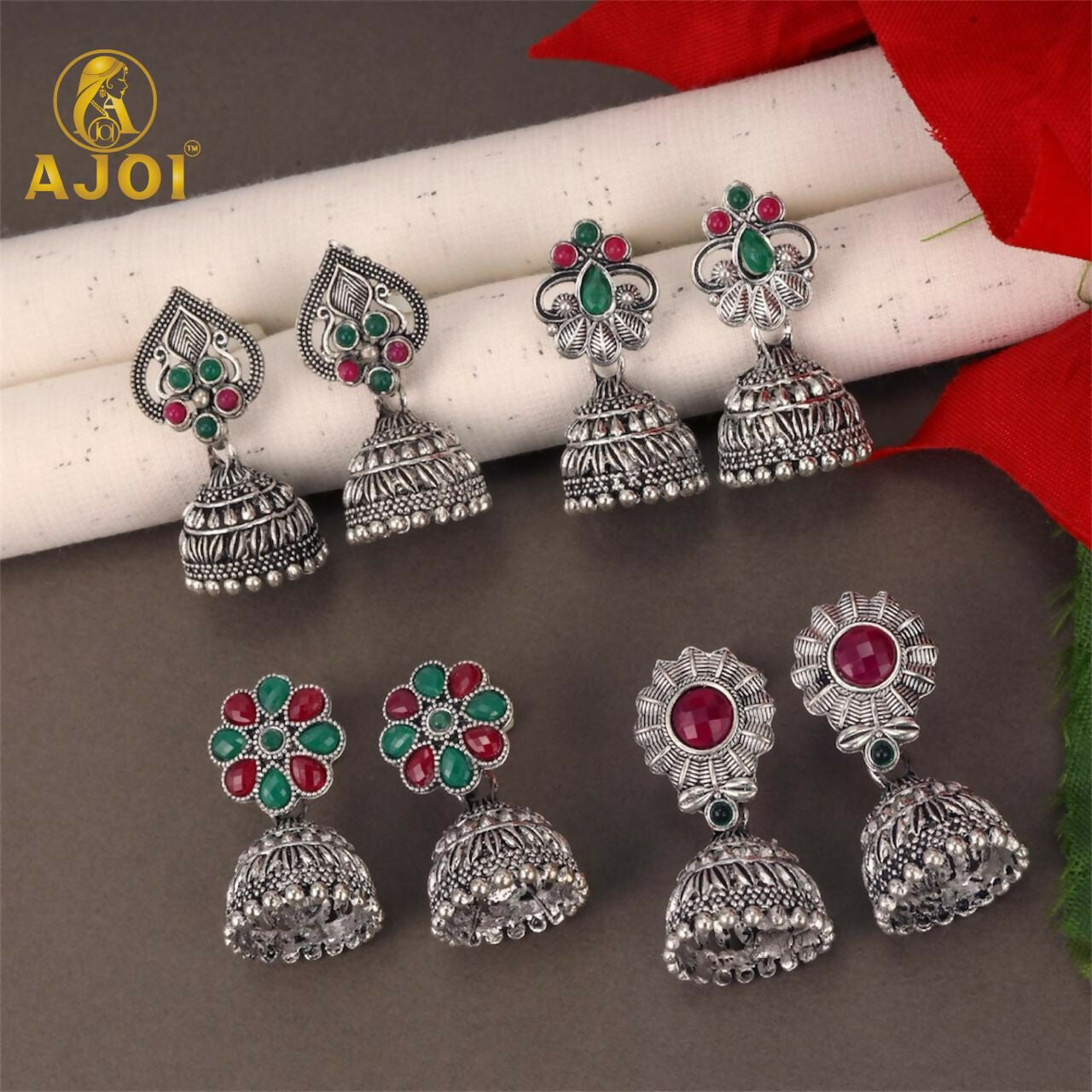 Traditional Oxidised Silver Jhumka Earrings Combo Set for Women & Girls (Set of 4)