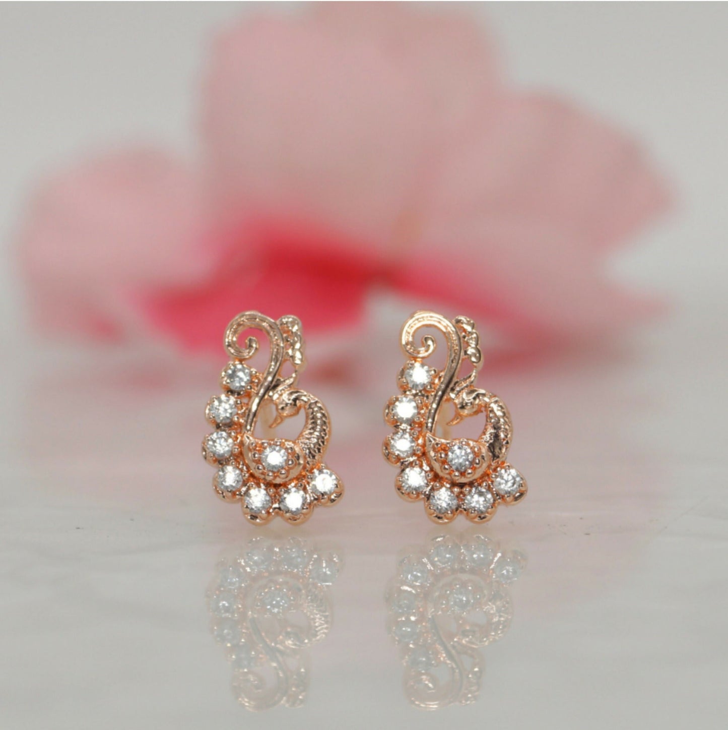 Rose Artificial Gold-Plated AD Diamond Stud Earrings | Elegant Peacock Design for women and girls
