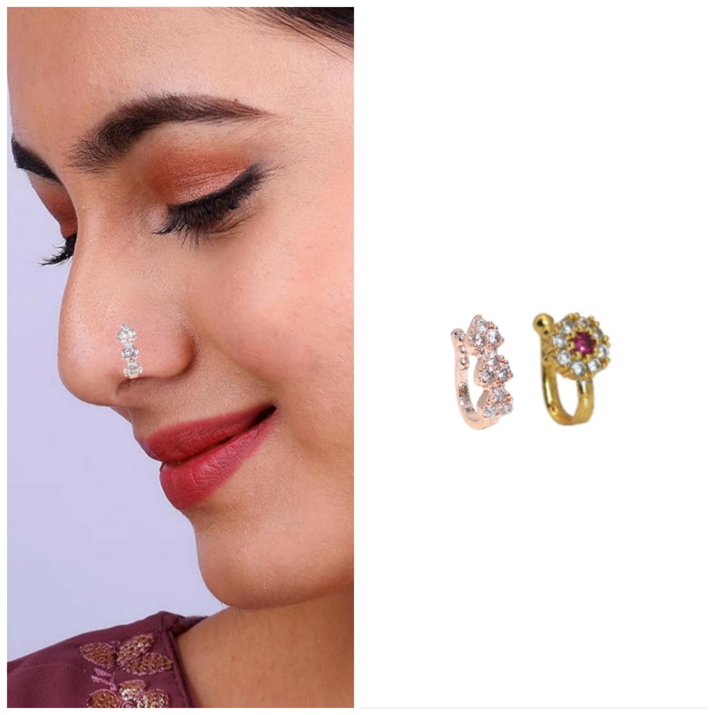 Triple Cluster CZ No Piercing Nose Ring Nath - Artificial Gold/Rose Artificial Gold Combo Pack of 2