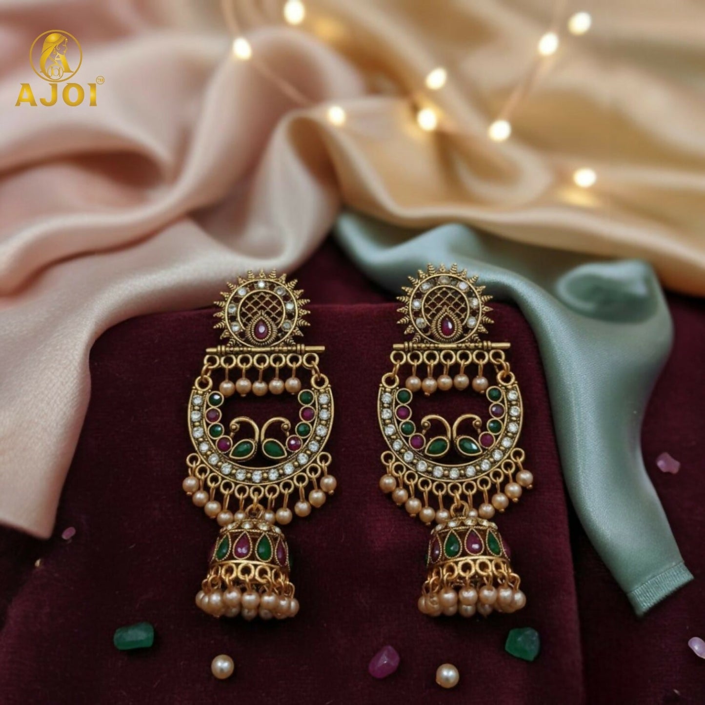 Peacock Motif Antique Artificial Gold Finish Chandbali Jhumka Earring