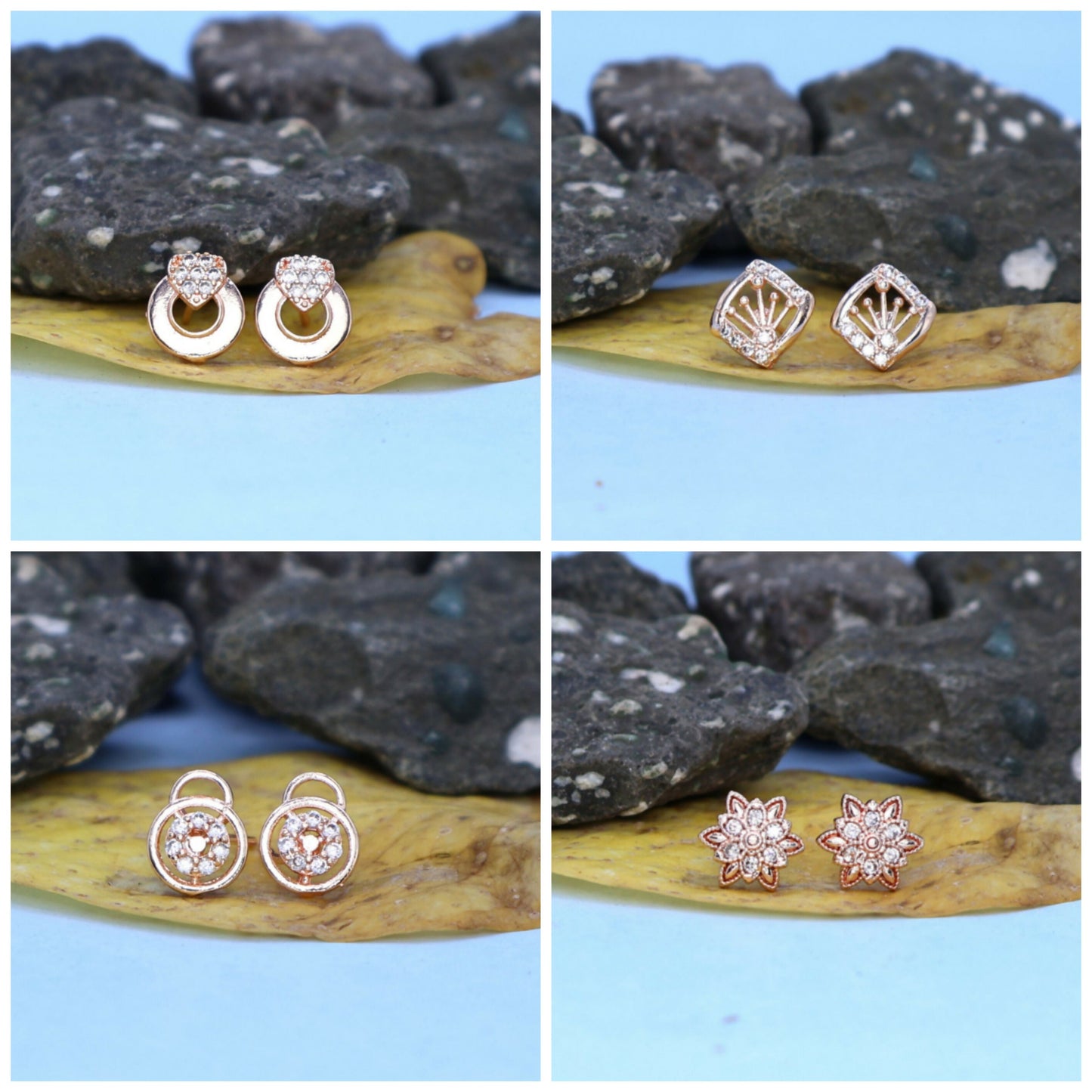 Rose Artificial Gold Plated AD Stud & Hoop Earrings Set for women and girls Combo Pack of 4