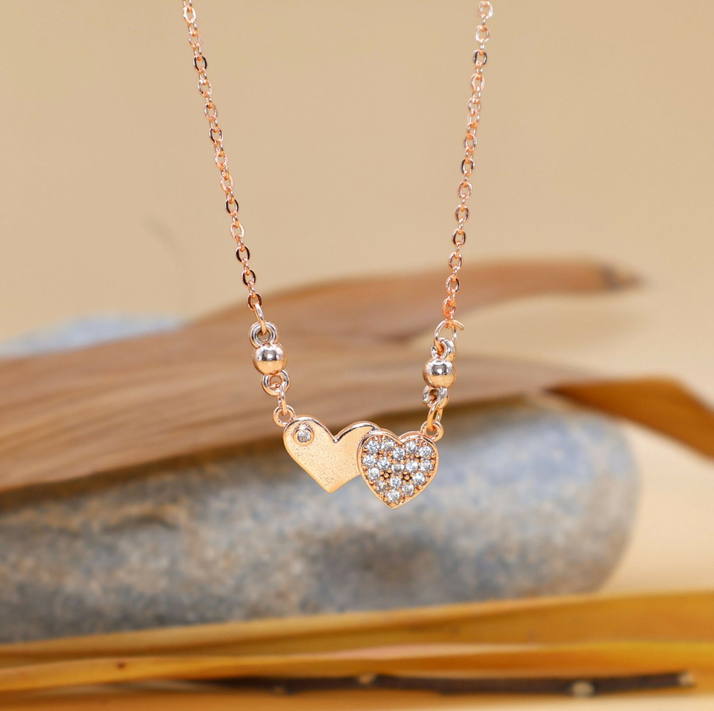 Rose Artificial Gold AD Plain Double Heart Necklace For women and girls