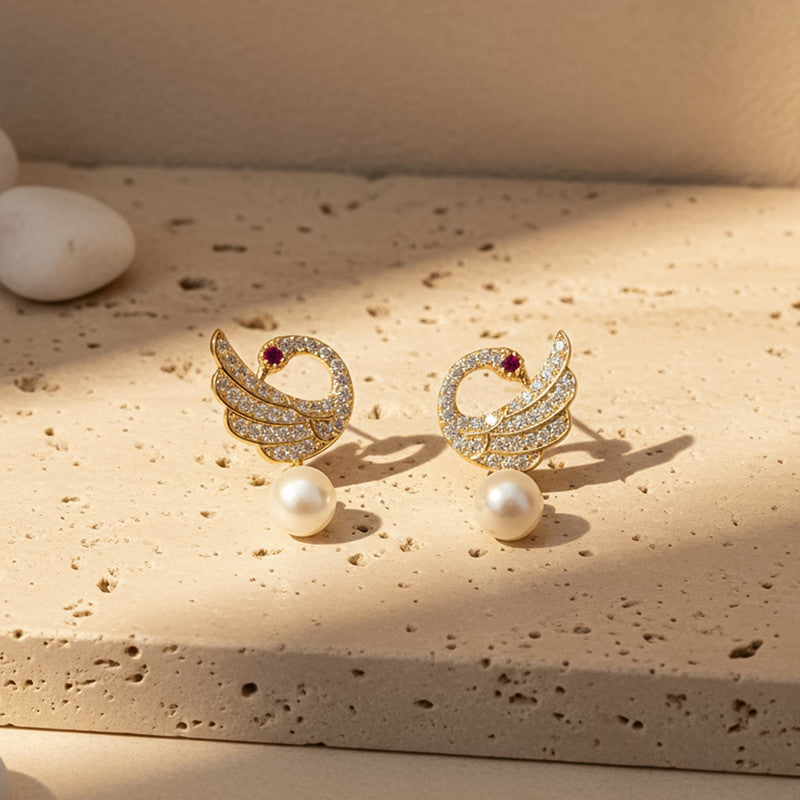 Pearl Drop Swan Design Stud Earrings with Crystal Detailing and Artificial Gold Finish