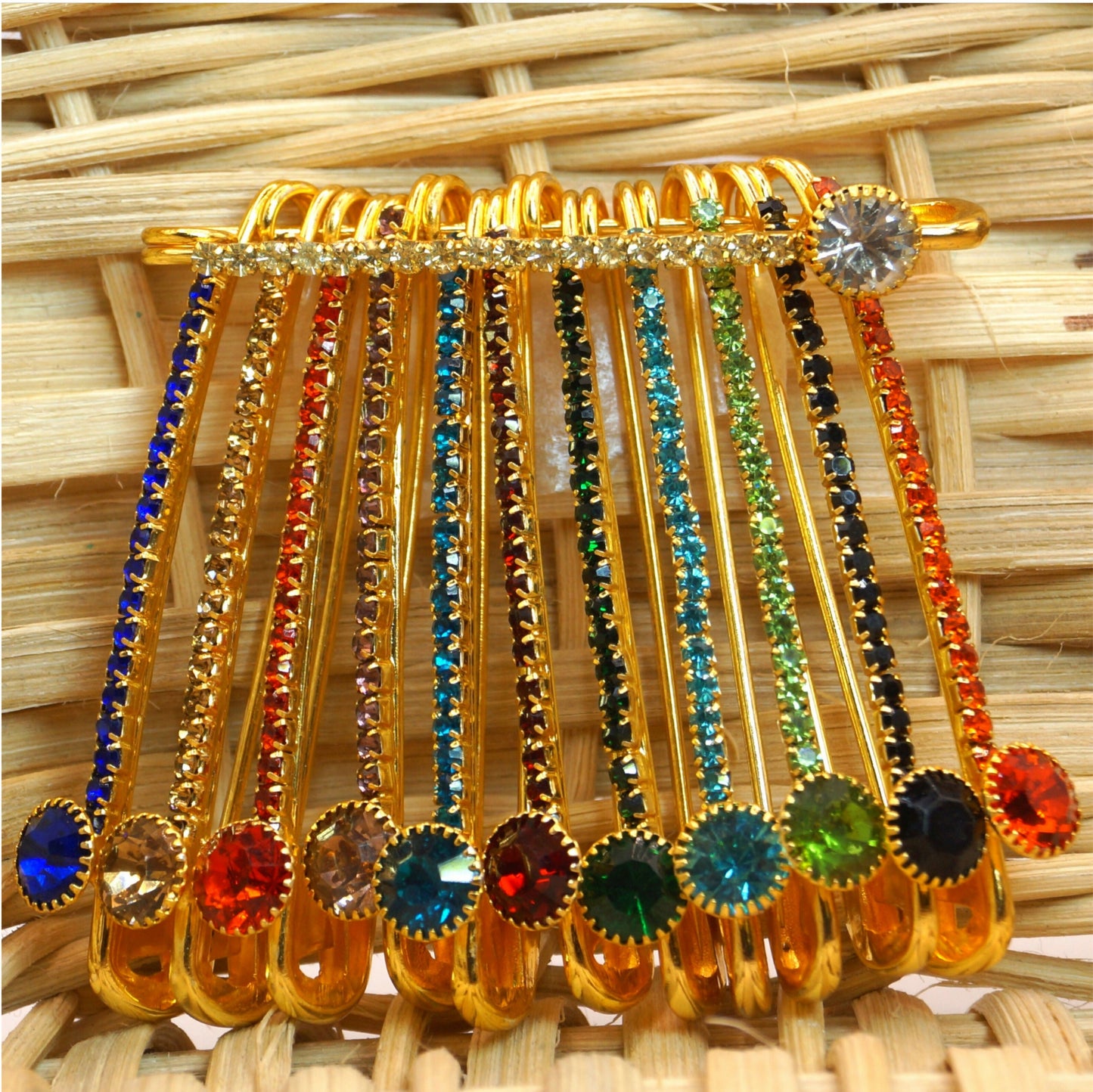 Rainbow Crystal Safety Pin Brooch - Artificial Gold Tone Multi-Color Rhinestone Pin