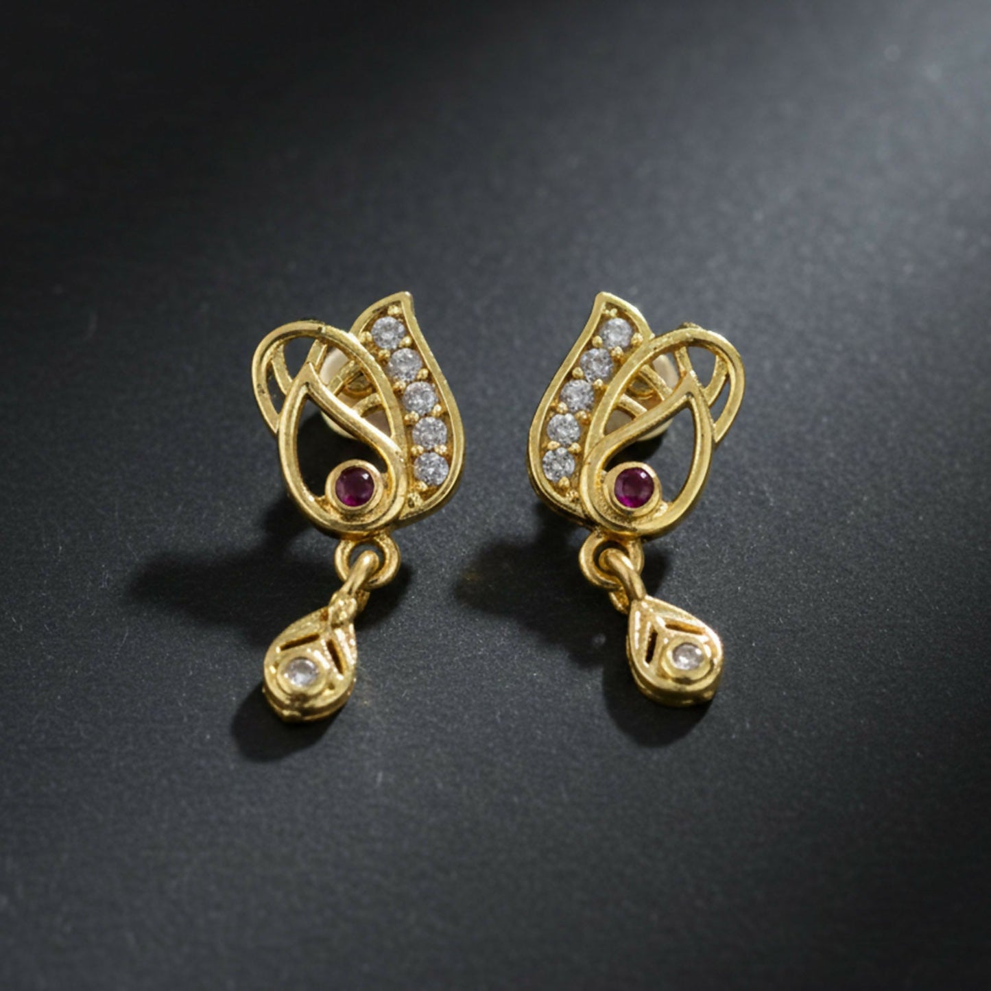 Elegant Artificial Gold Plated Stud Earrings with Ruby Accent & Drop Design