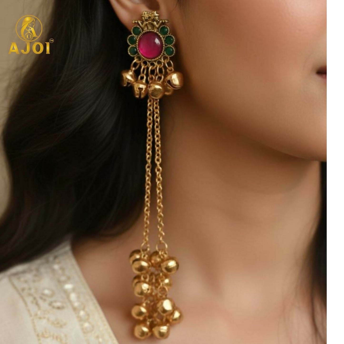 Royal Kashmiri-Inspired Artificial Gold-Plated ERuby Pink & Emerald Green Stones, Dual Chain Ghungroo Drops