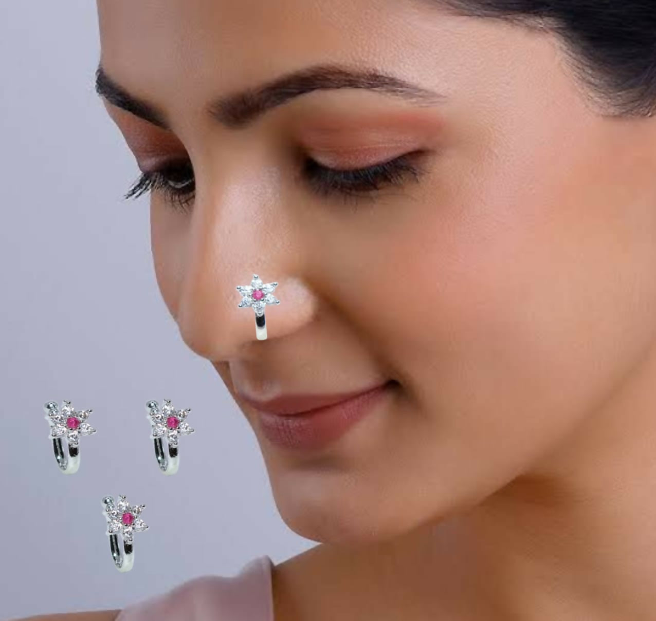 Floral CZ Stone Non-Piercing Nose Clip | Ruby-Center Nath Combo Pack of 3