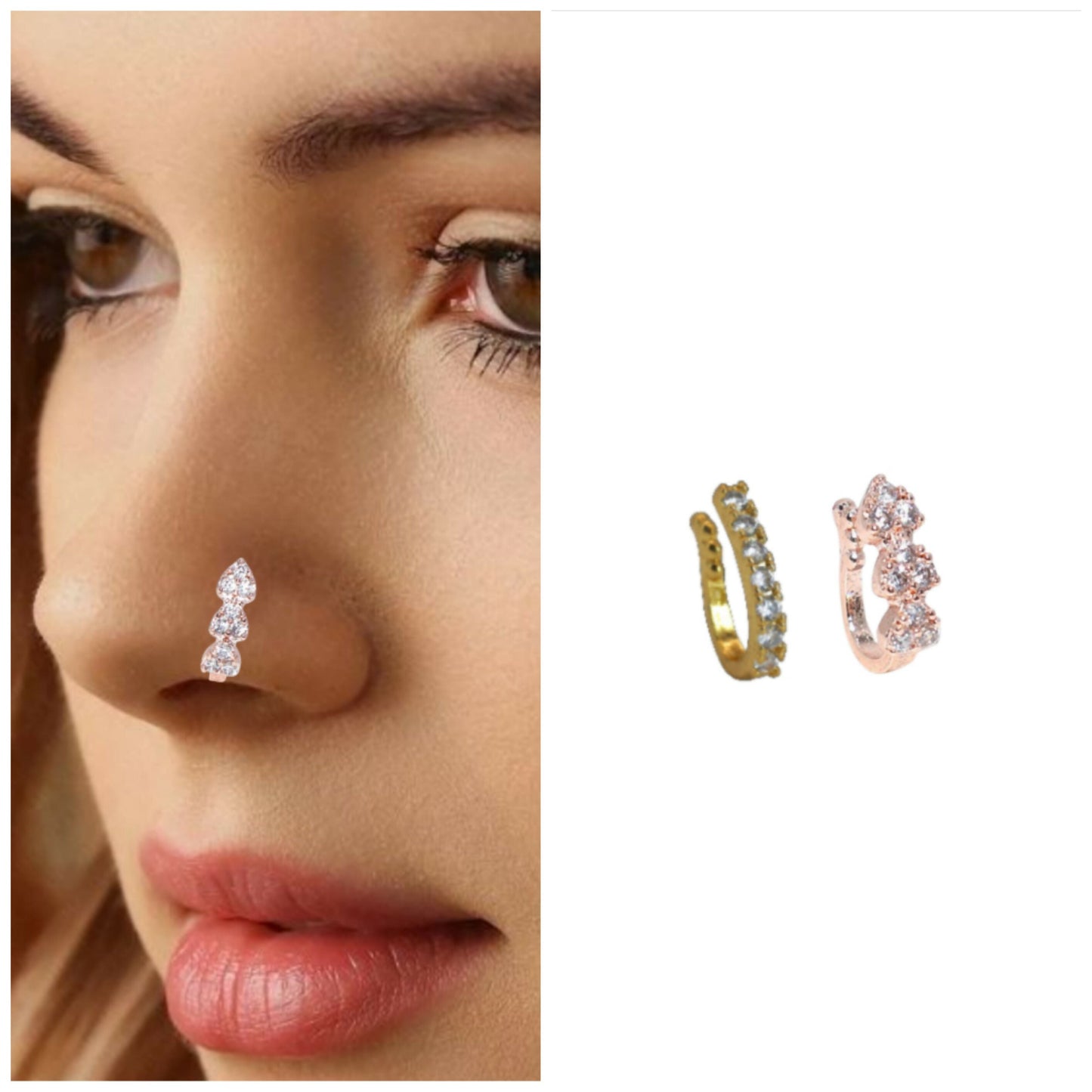 Triple Cluster CZ No Piercing Nose Ring Nath - Artificial Gold/Rose Artificial Gold Combo Pack of 2