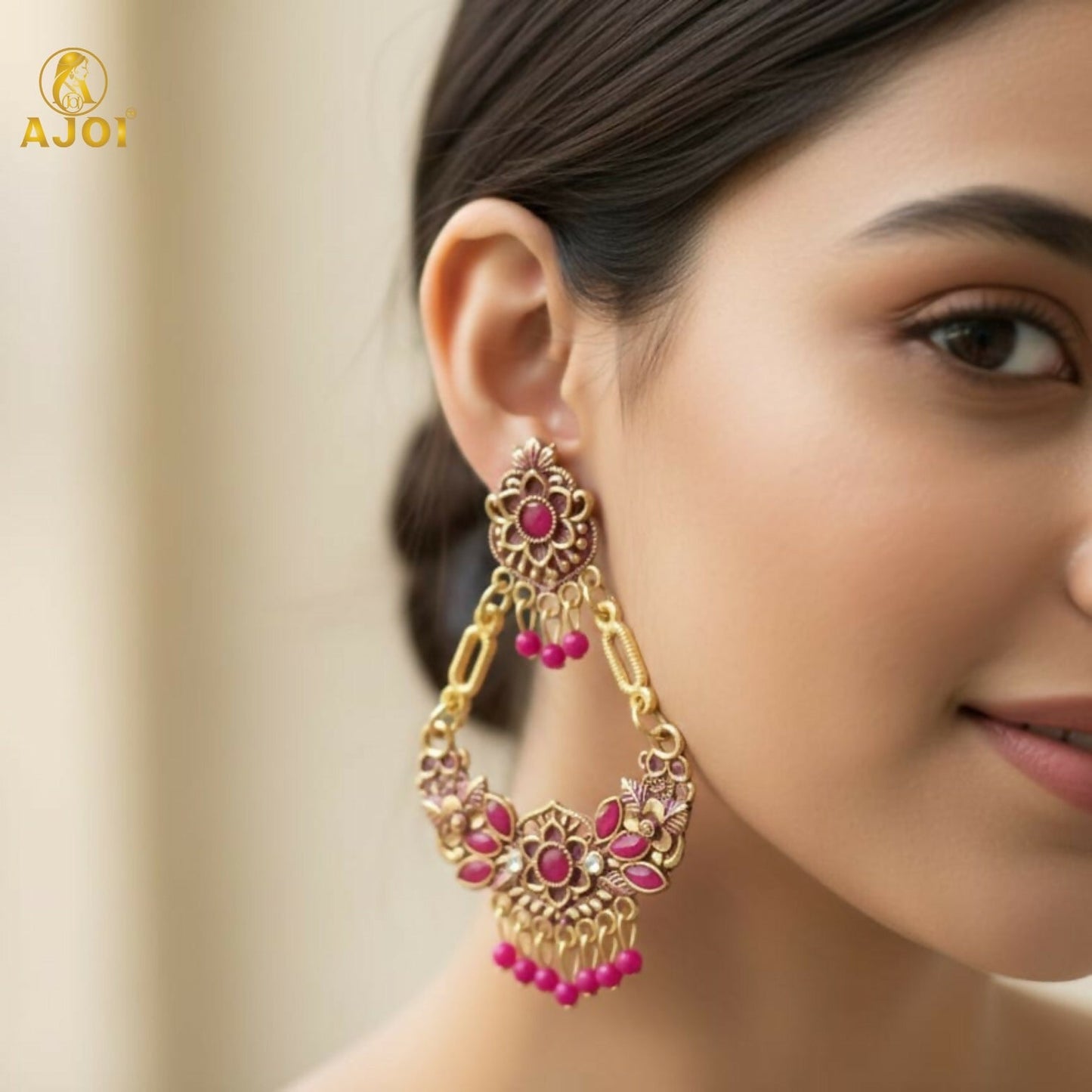 Antique Artificial Gold-Plated Pink Stone Floral Chandbali Earrings for Women