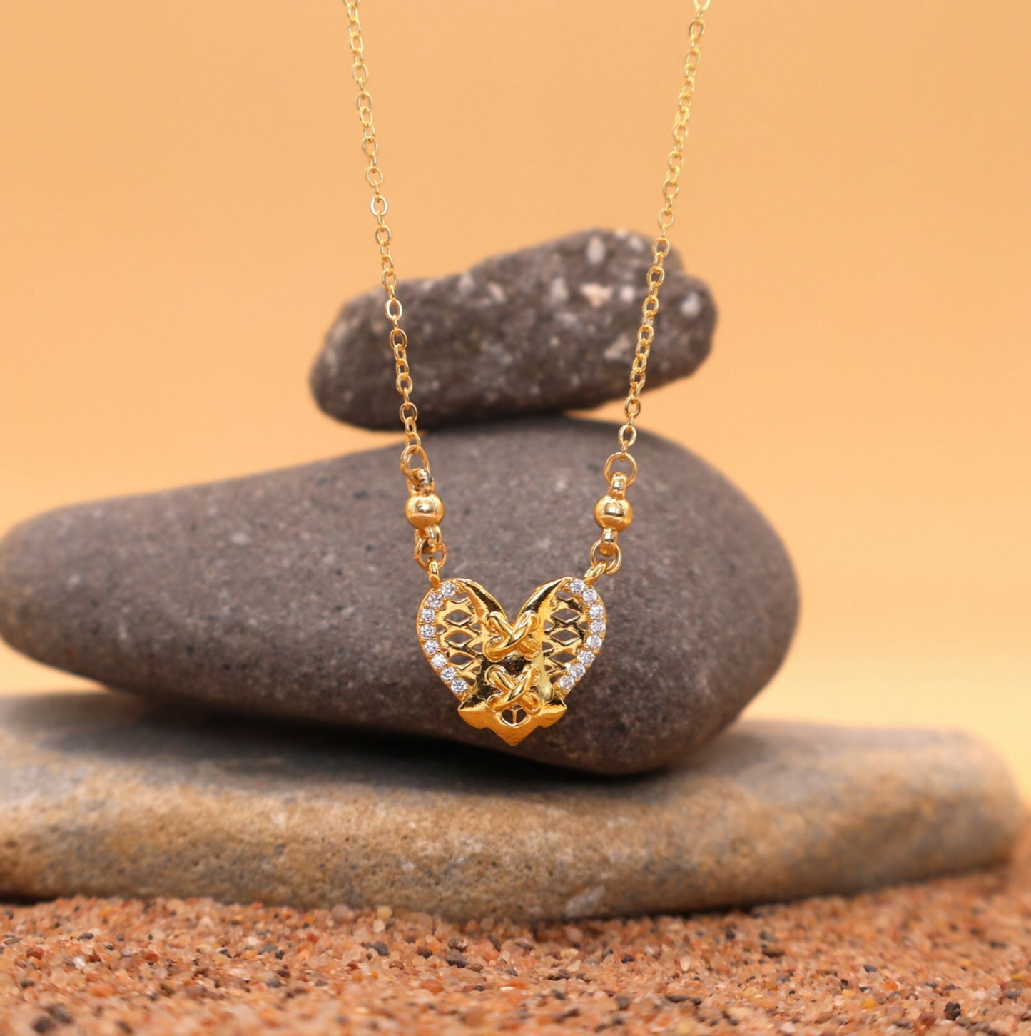 Diamond Accented Artificial Gold Heart Laced Pendant Necklace For women and girls