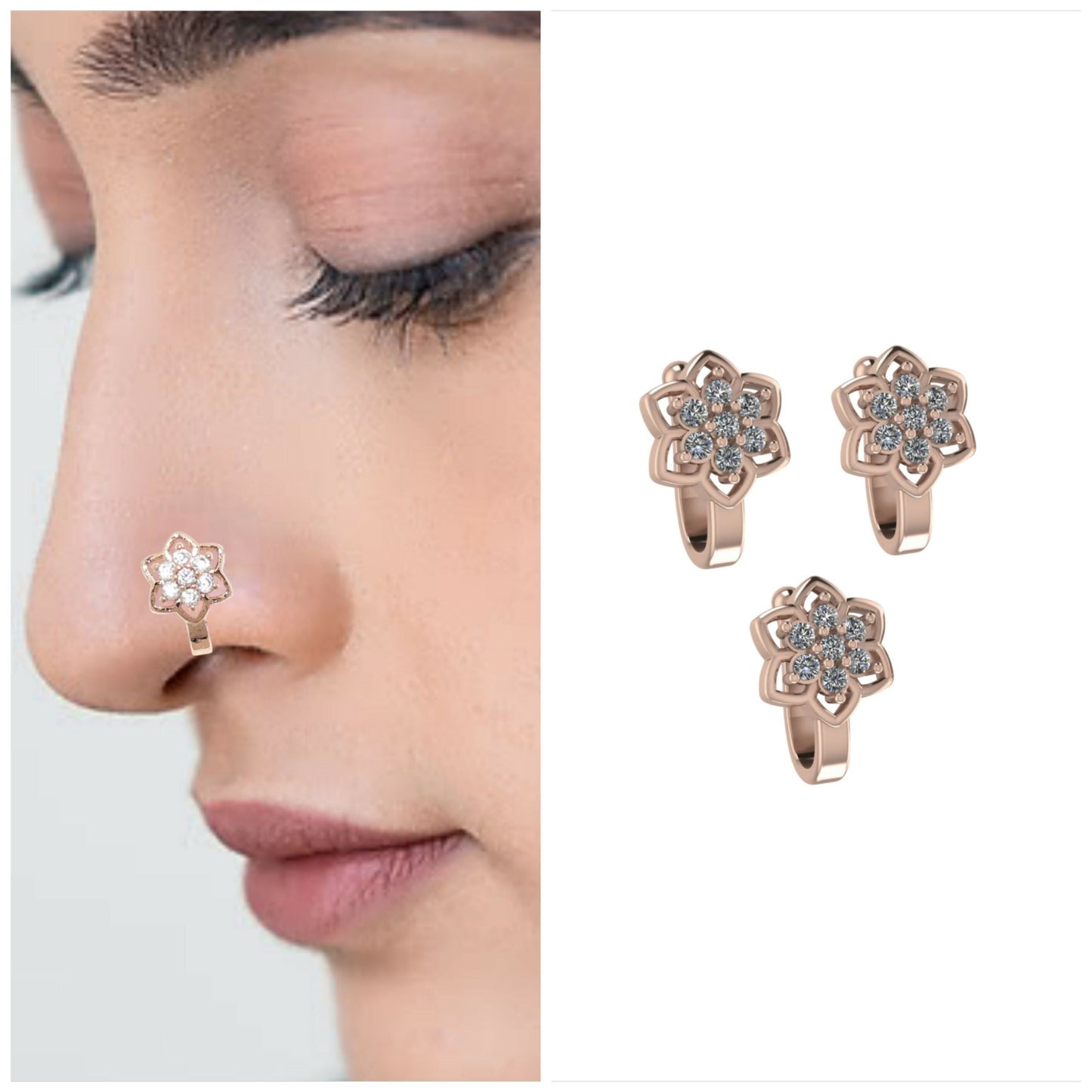 Rose Artificial Gold-Plated Flower Cluster Non-Piercing Nose Clip Set Combo Pack of 3