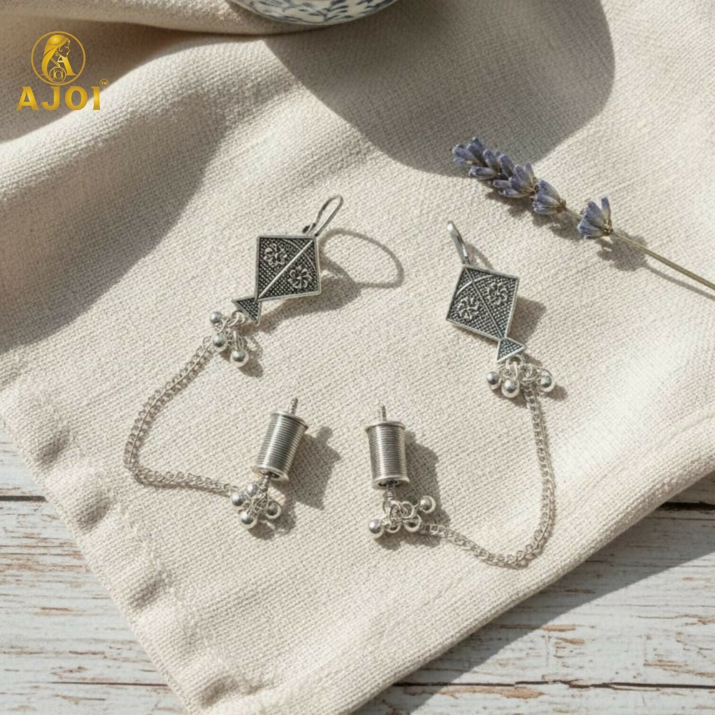 Ethnic Oxidised Silver Kite Design Earrings with Chain & Ghungroo for Women and Girls