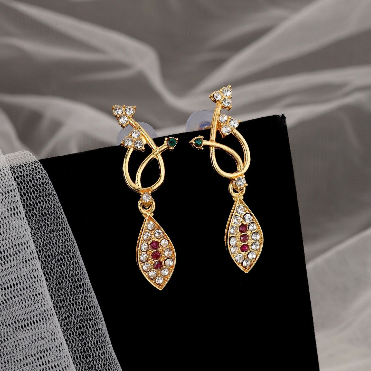 Elegant Artificial Gold-Toned Floral & Green-Pink Stone Set