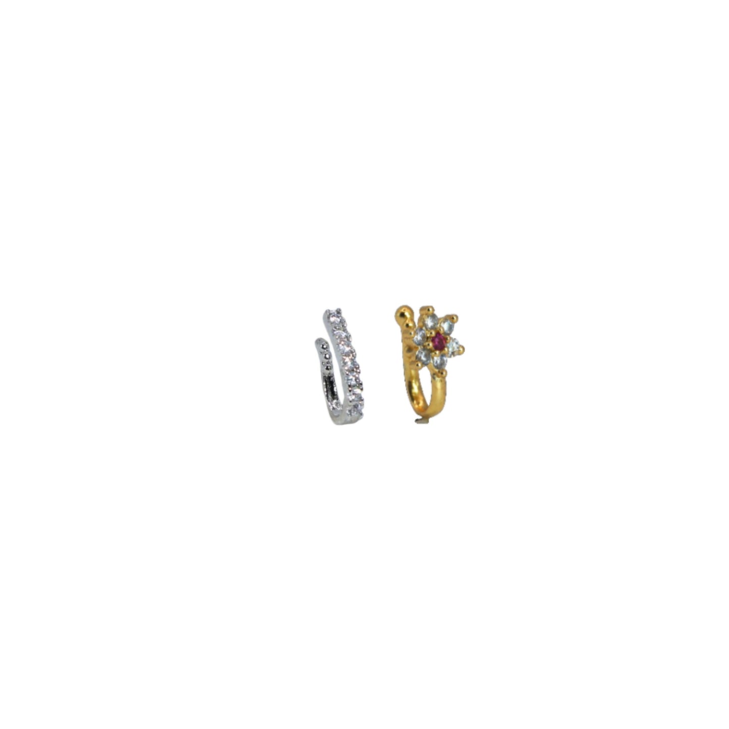 CZ Hoop & Floral Artificial Gold Plated Nose Clip Stud Set Combo Pack of 2