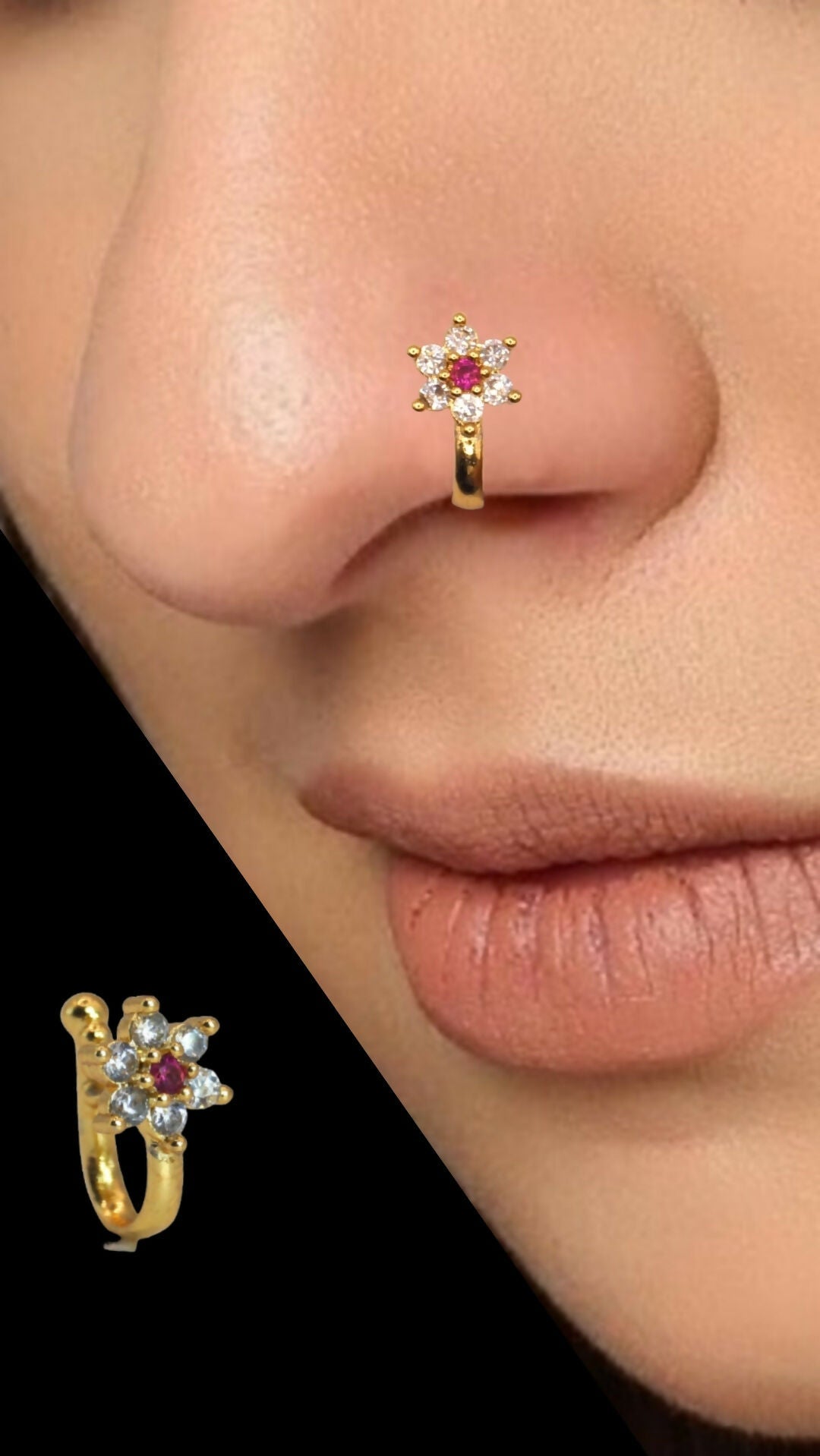 CZ Flower & Line Artificial Gold Plated Non-Piercing Nose Ring Set Combo Pack of 3