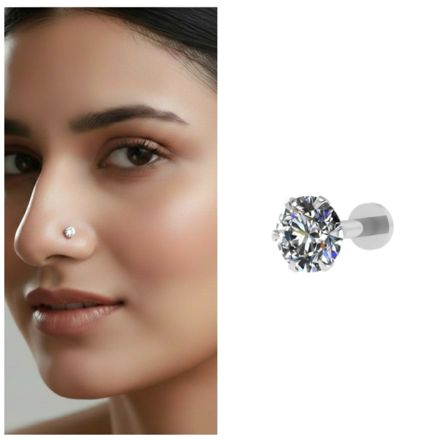 silver plated AD Nosepin stud Labret for Women and girls