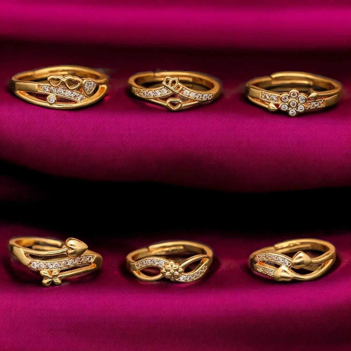 Elegant Finger Ring Set for Women, Made of Brass with Diamond Detailing Artificial Gold Plating (Pack of 6)