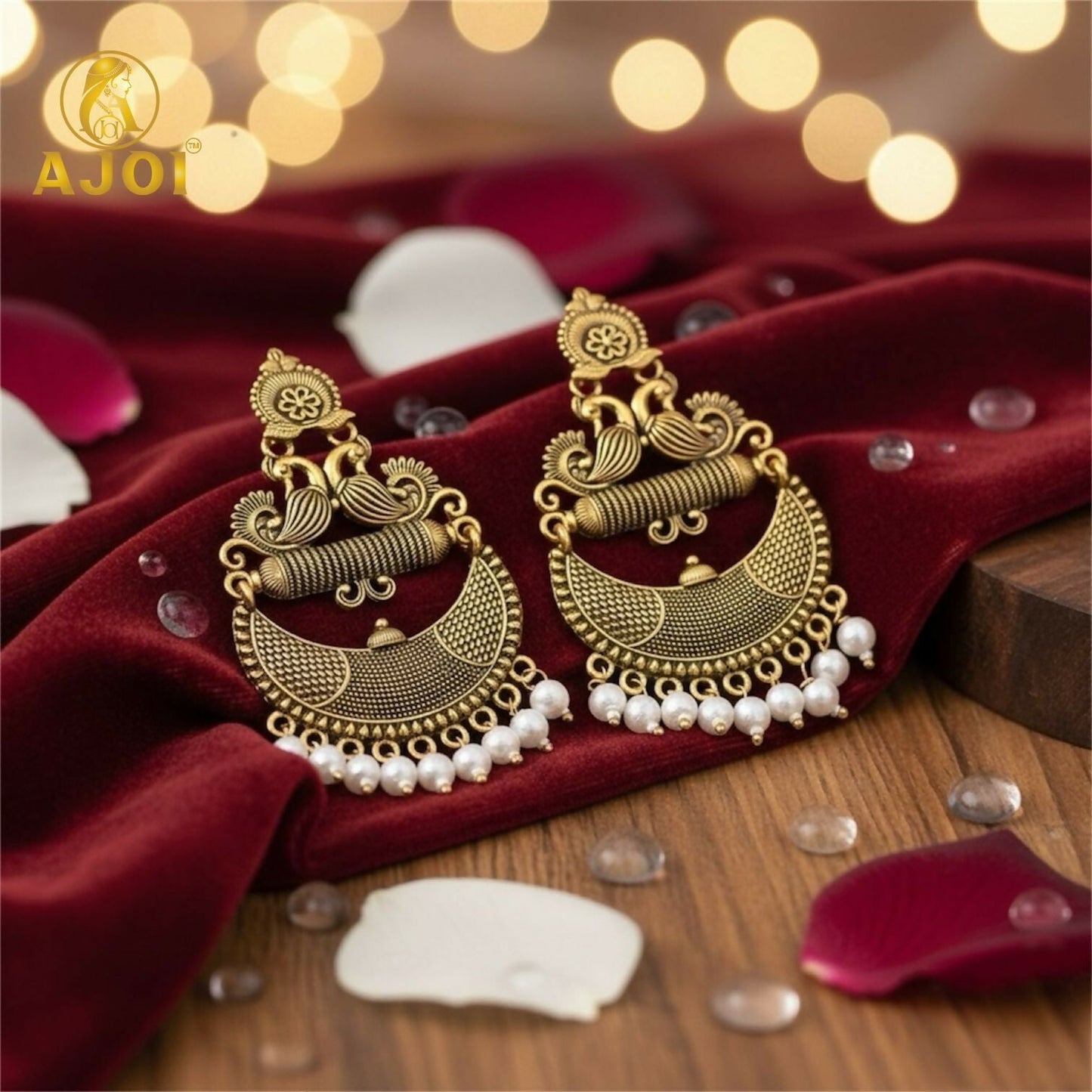 Antique Gold Tribal Chandbali Earrings with Pearl Drops & Peacock Motif