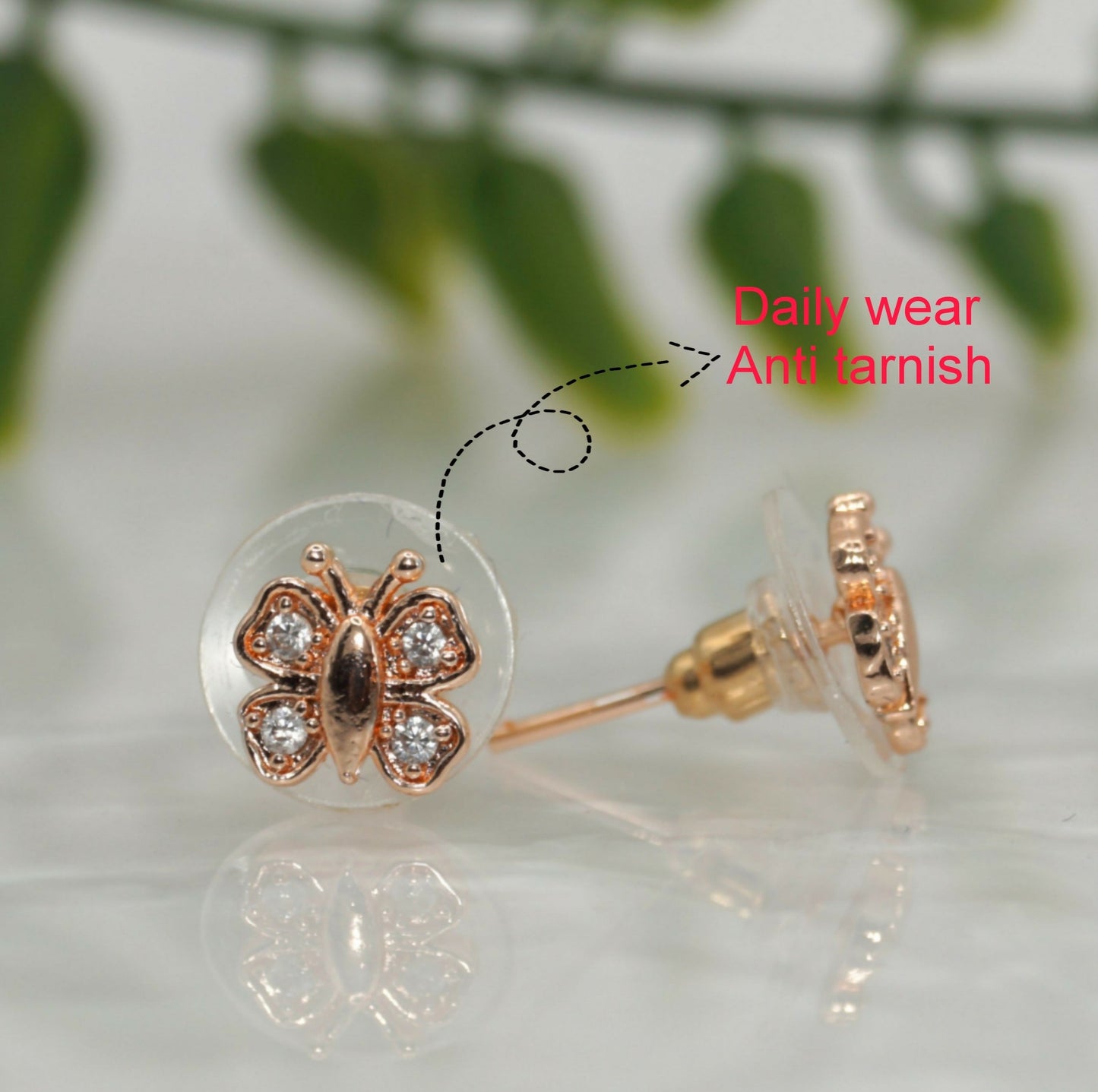 Rose Artificial Gold Plated Butterfly Stud Earrings with Sparkling AD for women and girls