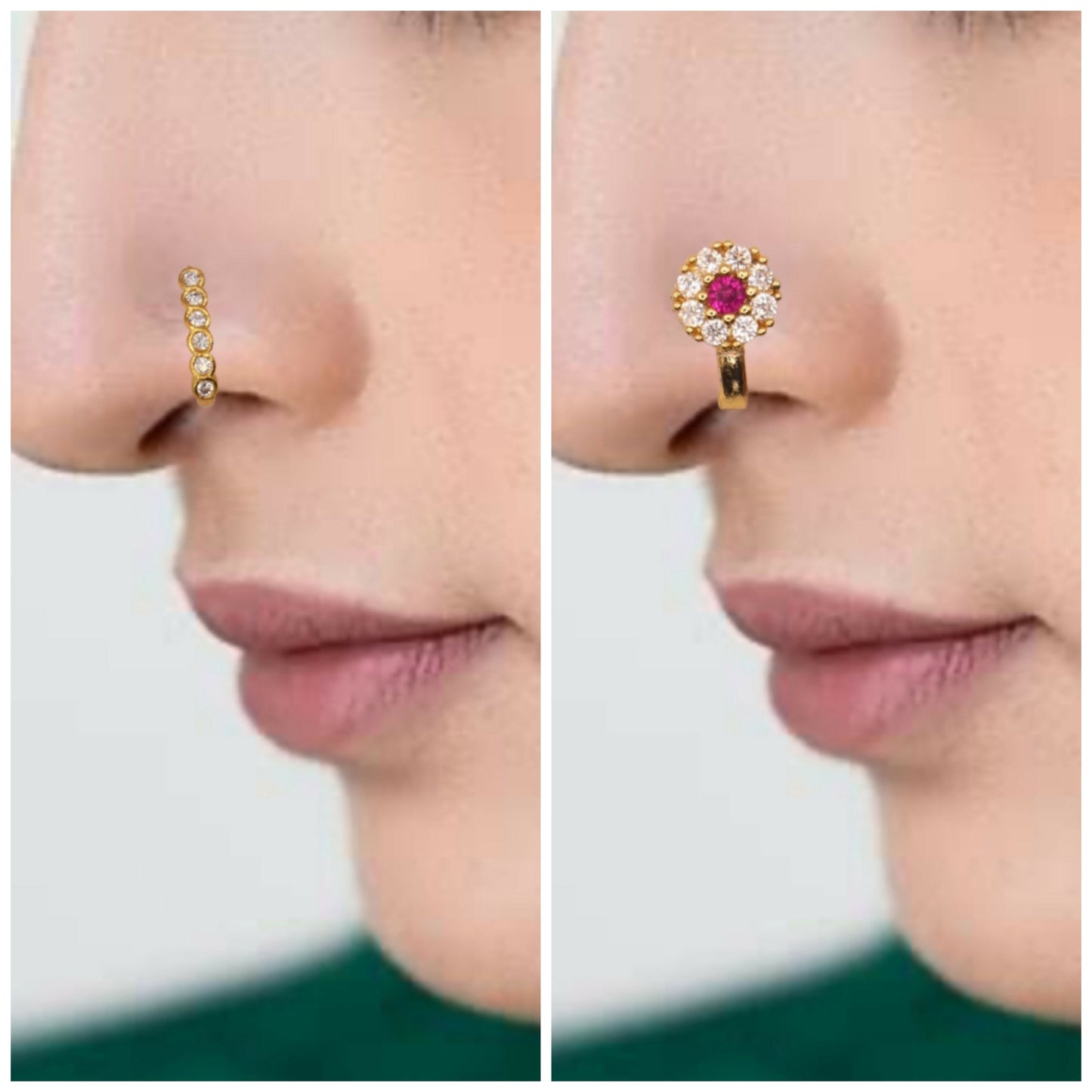 Ruby CZ Artificial Gold Plated Non-Piercing Flower Nose Ring/Clip-On Nath Combo Pack of 2