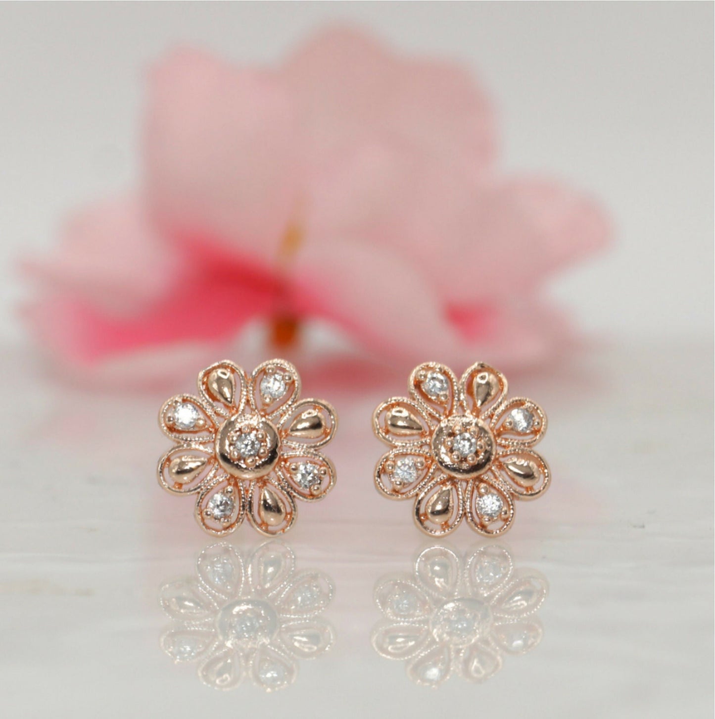Rose Artificial Gold Diamond Flower Stud Earrings for women and girls