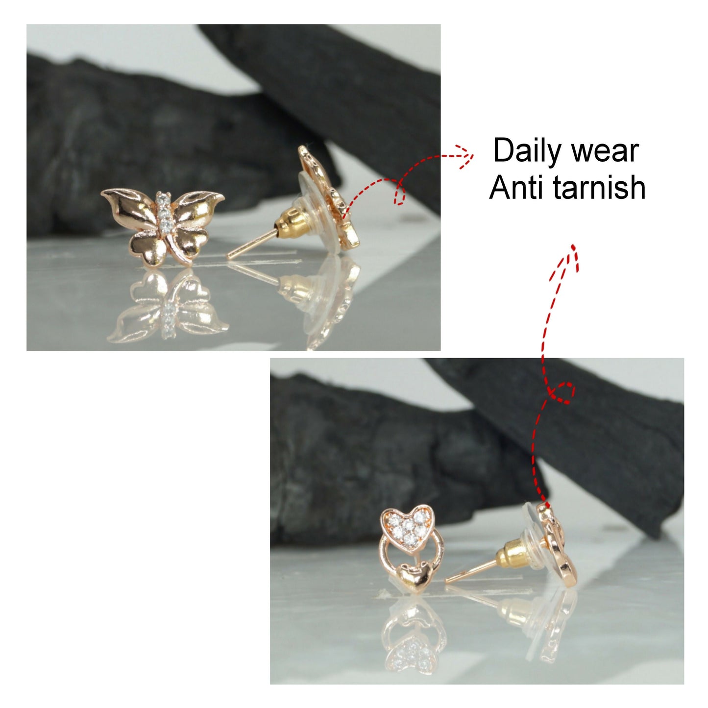 Rose Artificial Gold Heart & Butterfly Stud Earrings Set for women and girls Combo Pack of 2