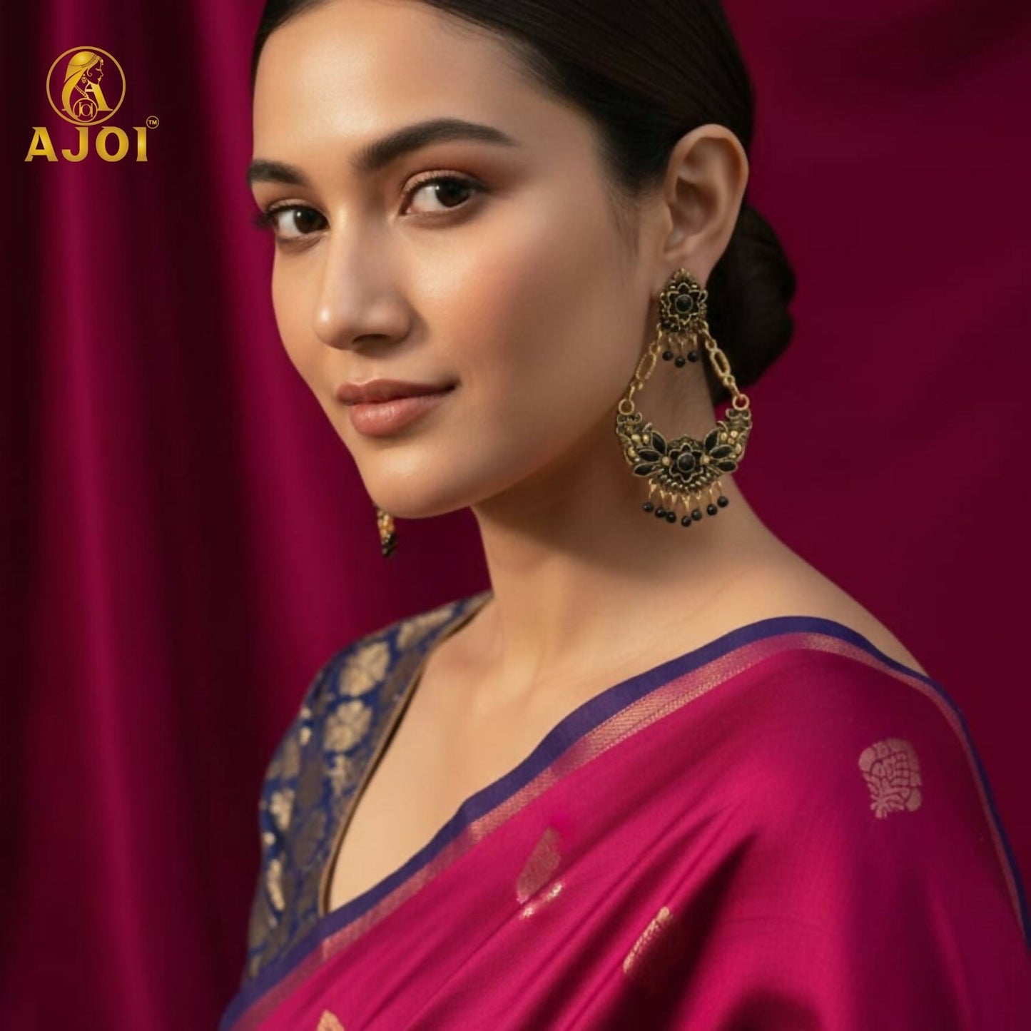 Antique Artificial Gold-Plated Black Stone Floral Chandbali Earrings for Women