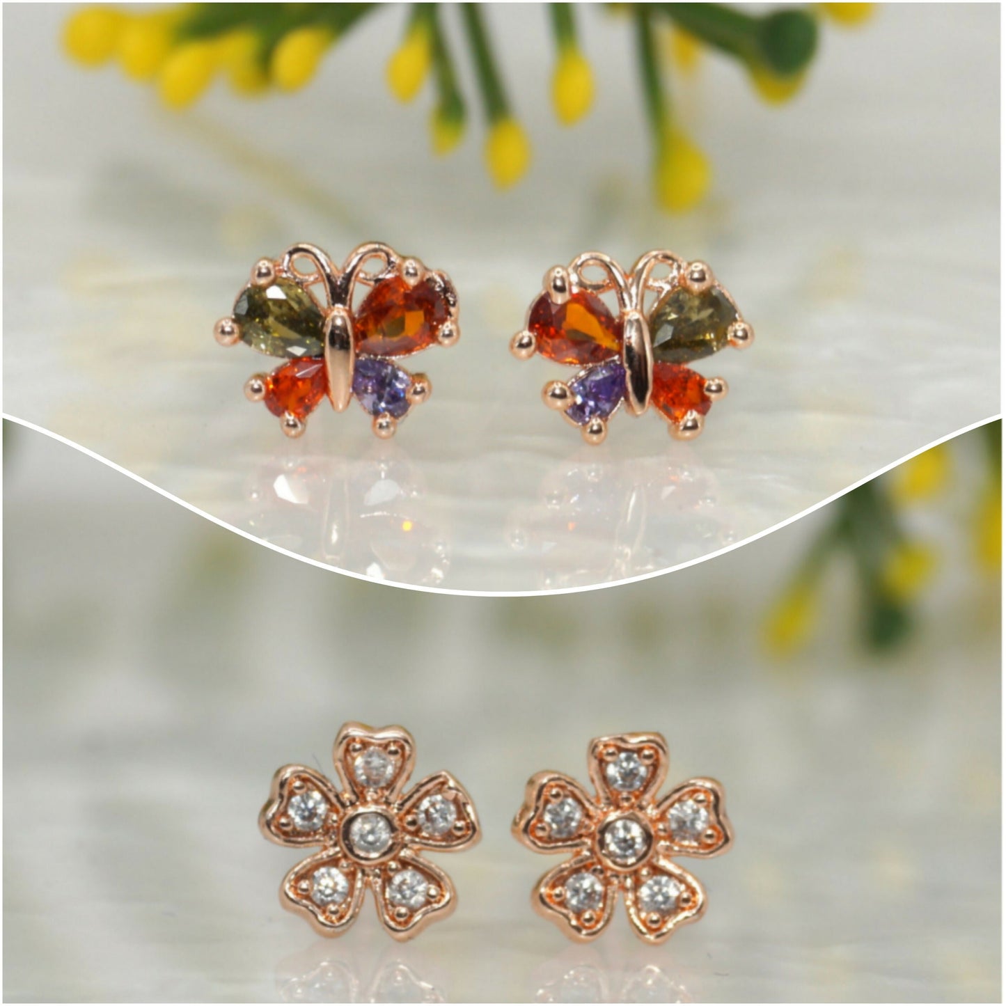 Rose Artificial Gold Plated Butterfly & Flower Stud Earrings Set for women and girls Combo Pack of 2
