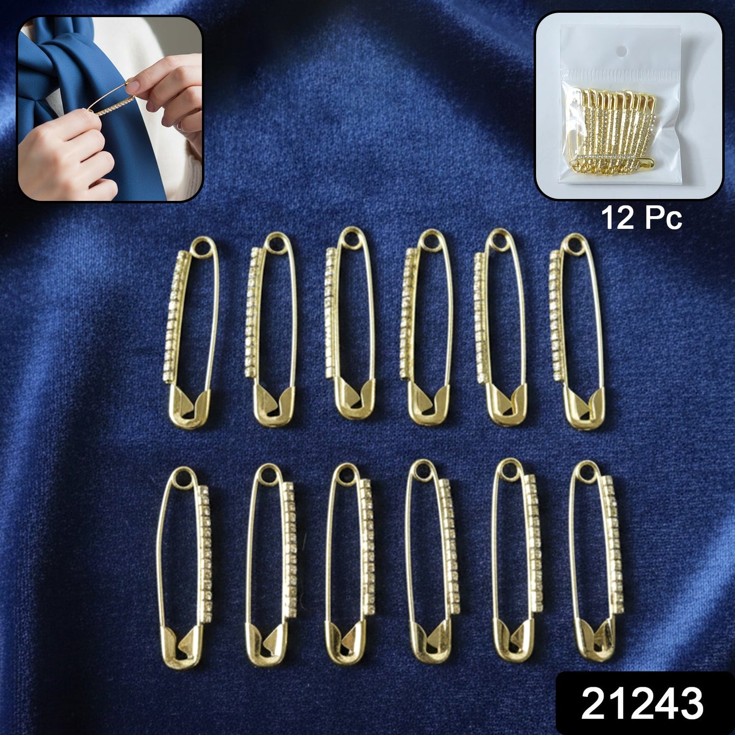Decorative Artificial Golden Safety Pin Brooch Set (12 Pc Set)