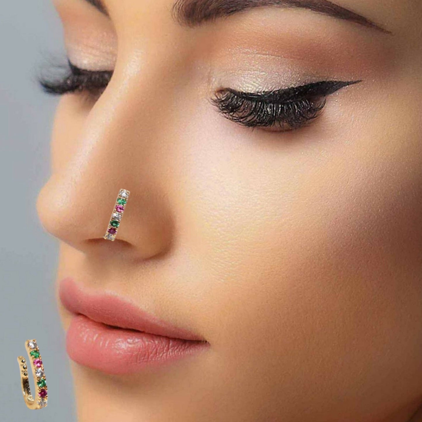 Traditional Green Red Stone Nose Ring Clip