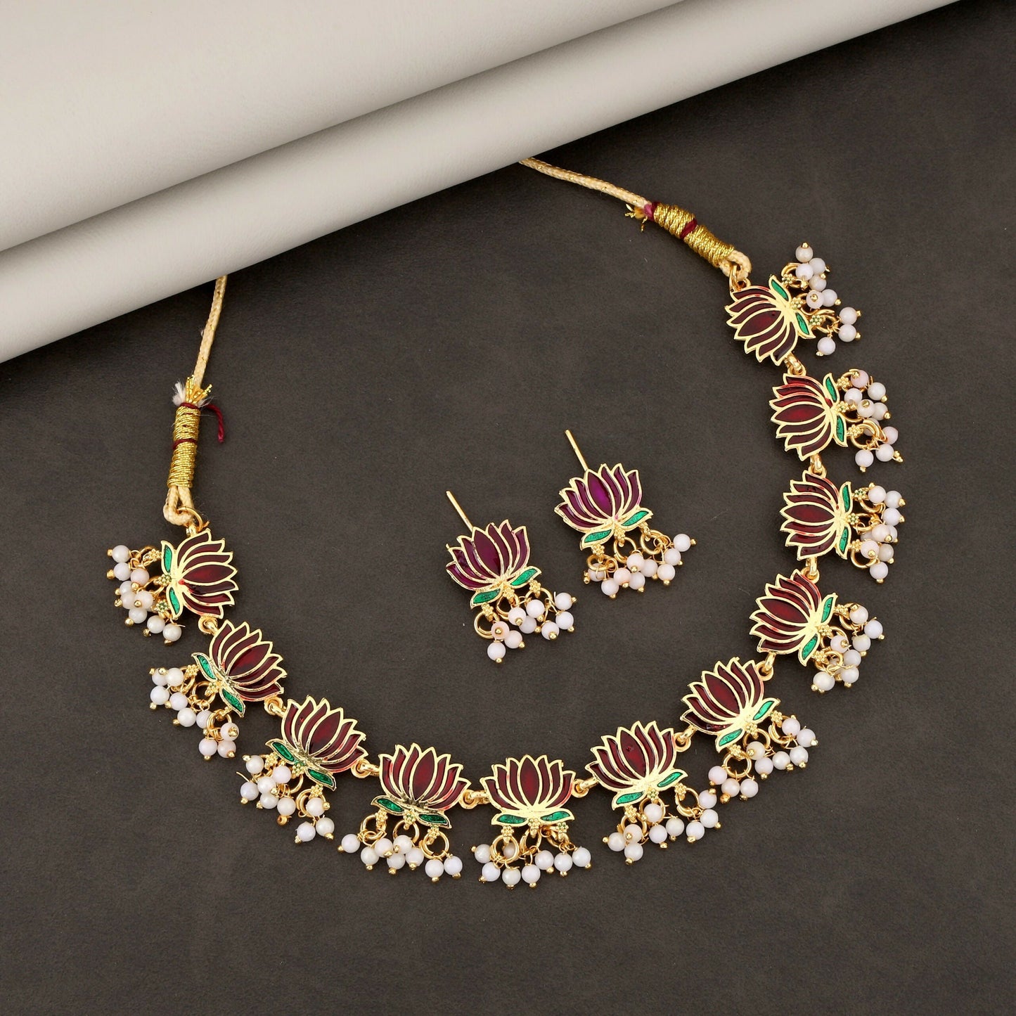 Artificial Gold-Toned maroon-Green Enamel Lotus & Pearl Choker Set