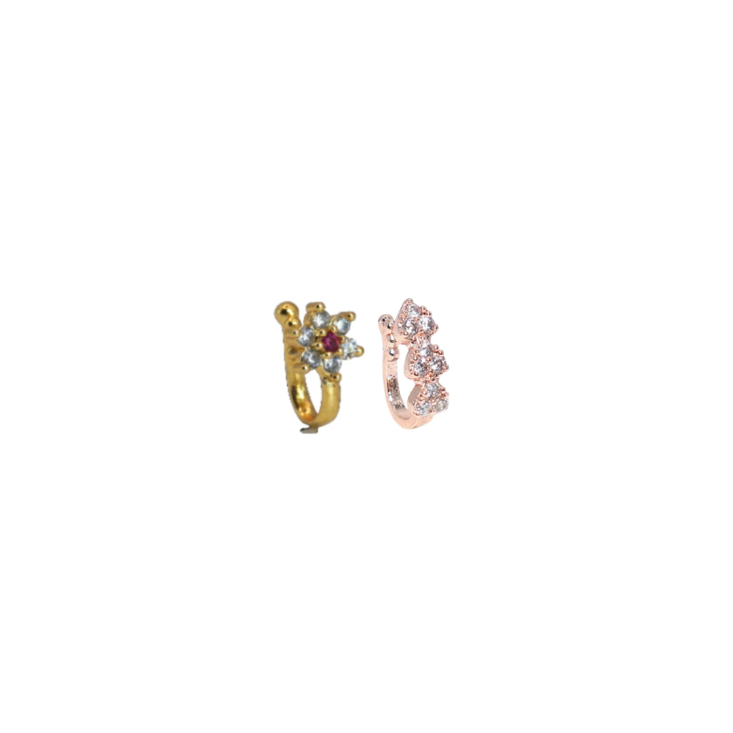 Triple Cluster CZ No Piercing Nose Ring Nath - Artificial Gold/Rose Artificial Gold Combo Pack of 2