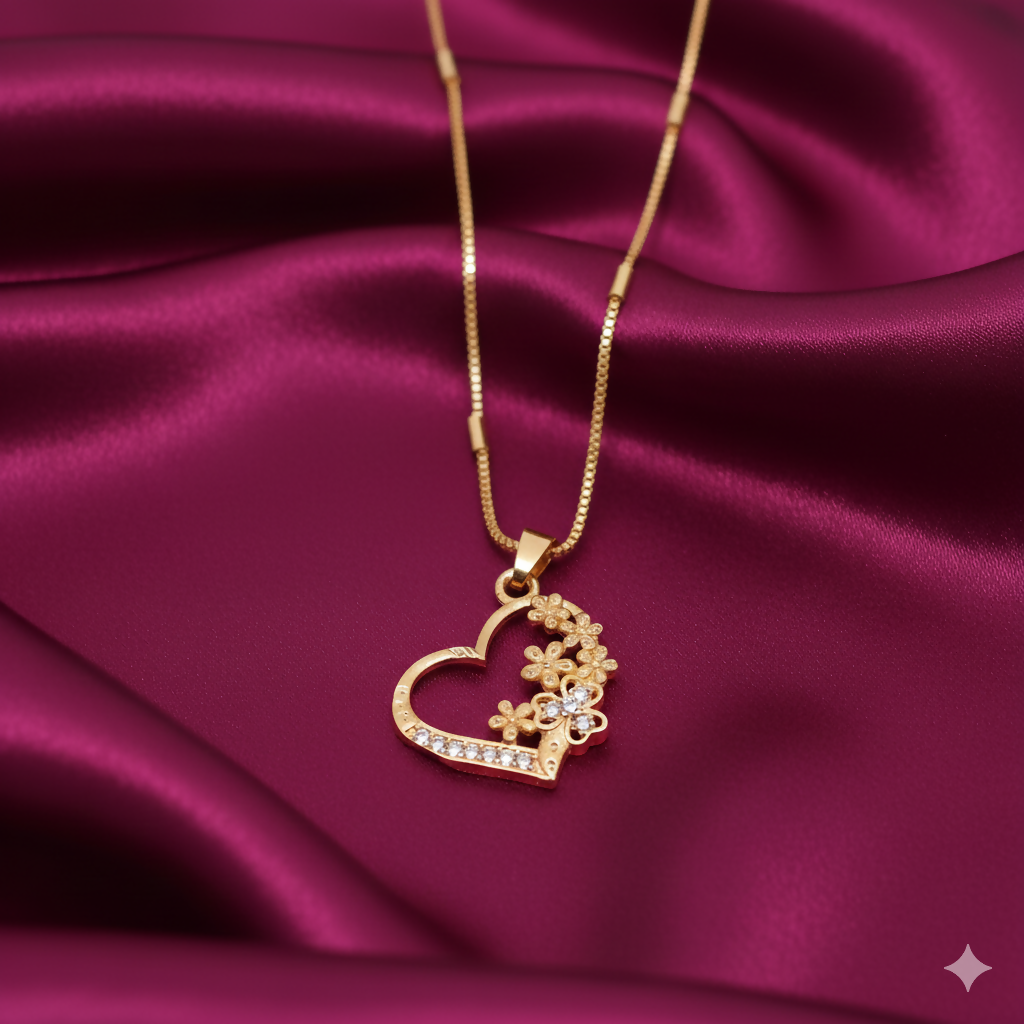 Artificial Gold-Plated AD Heart & Floral Pendant Necklace For women and girls