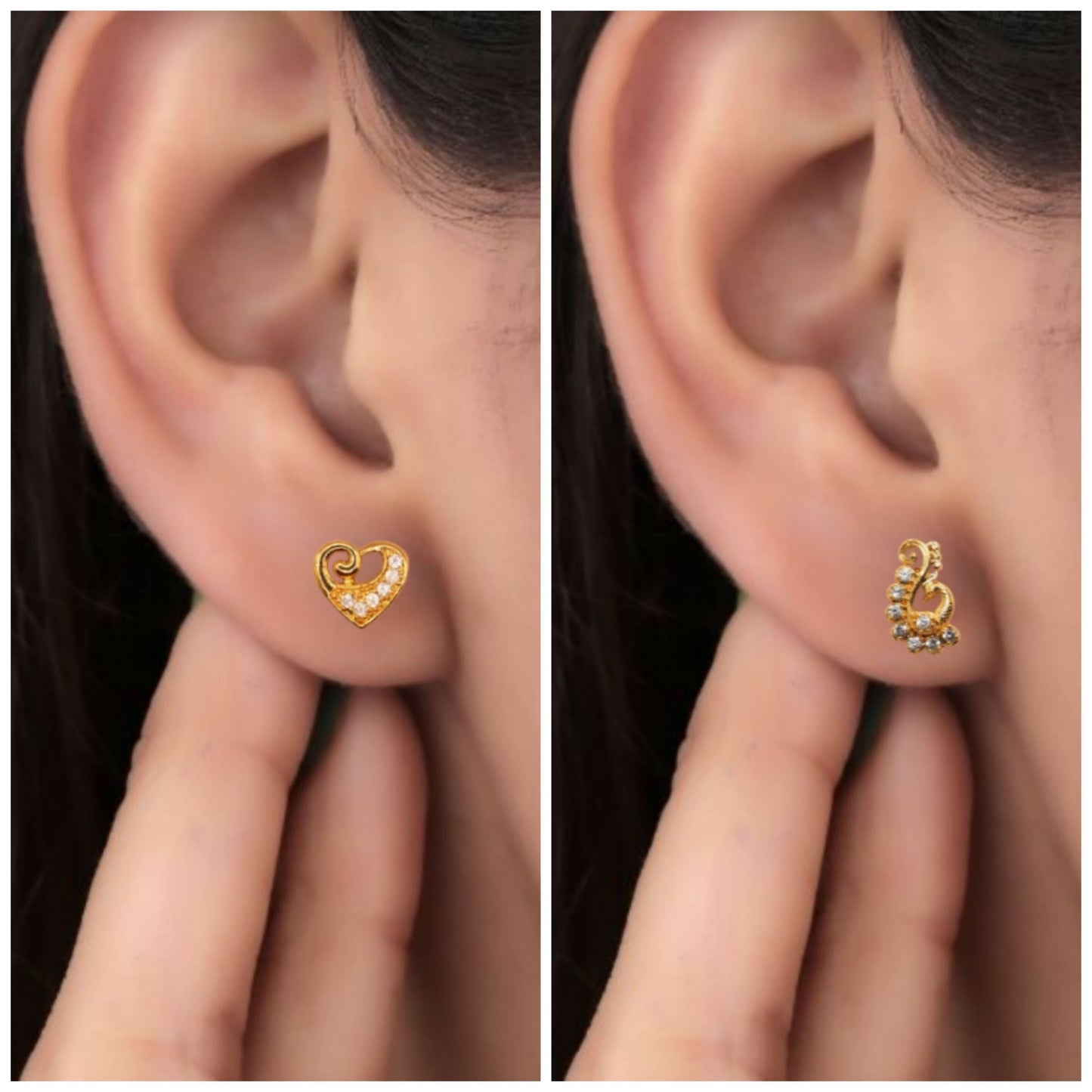 Artificial Gold-Plated Heart & Swirl Diamond Look Stud Earring Set for women & girls Combo Pack of 2
