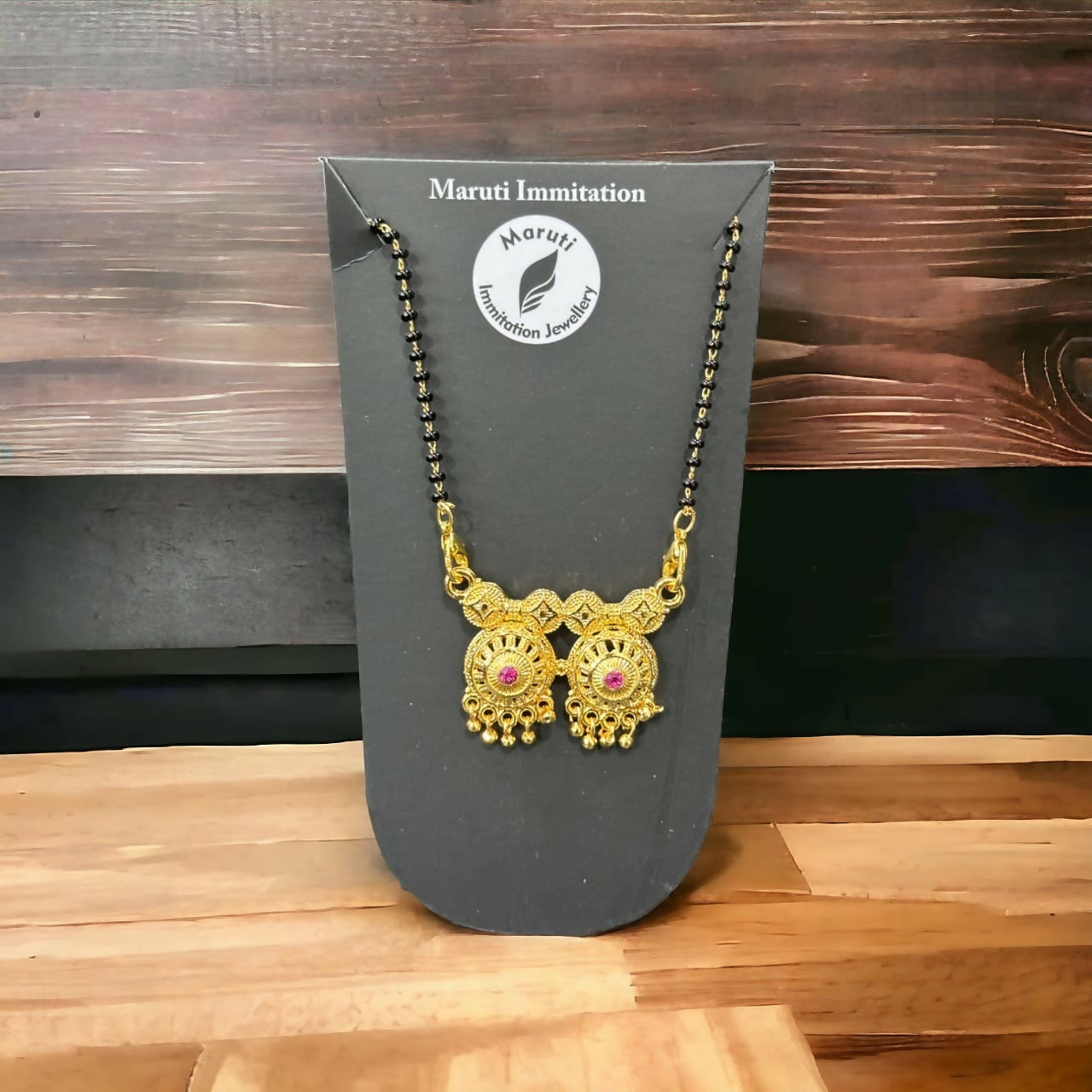 Traditional Artificial Gold-Tone Dual Pendant Mangalsutra – Elegant Black Bead Chain