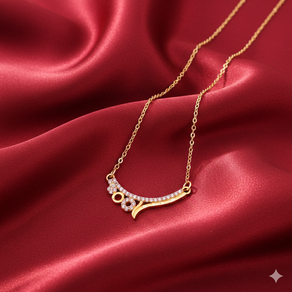 Artificial Gold Plated Pink Stone Curved Pendant Necklace Chain For women and girls