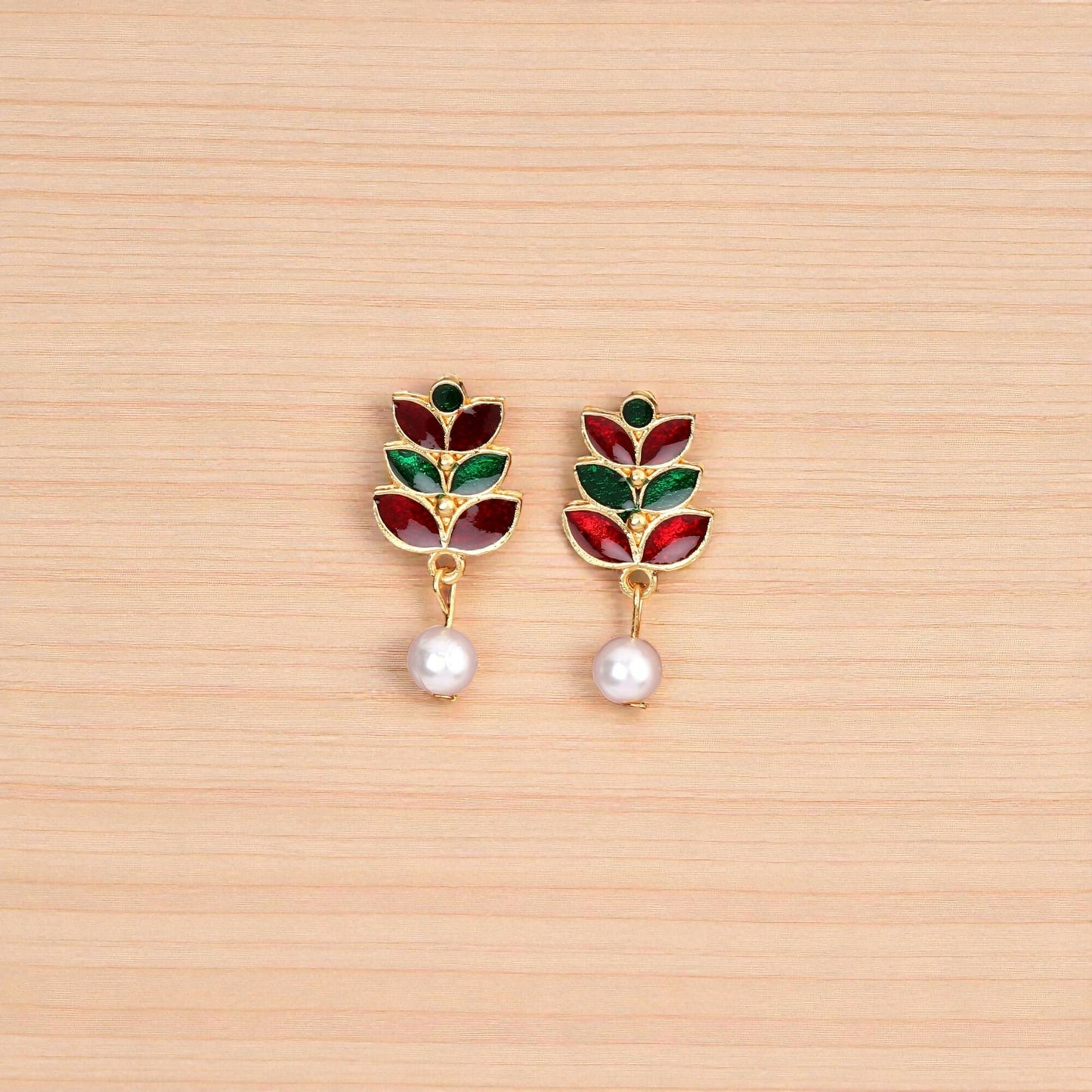 Rose Artificial Gold-Tone Bright Red & Green Enamel Lotus Choker Set