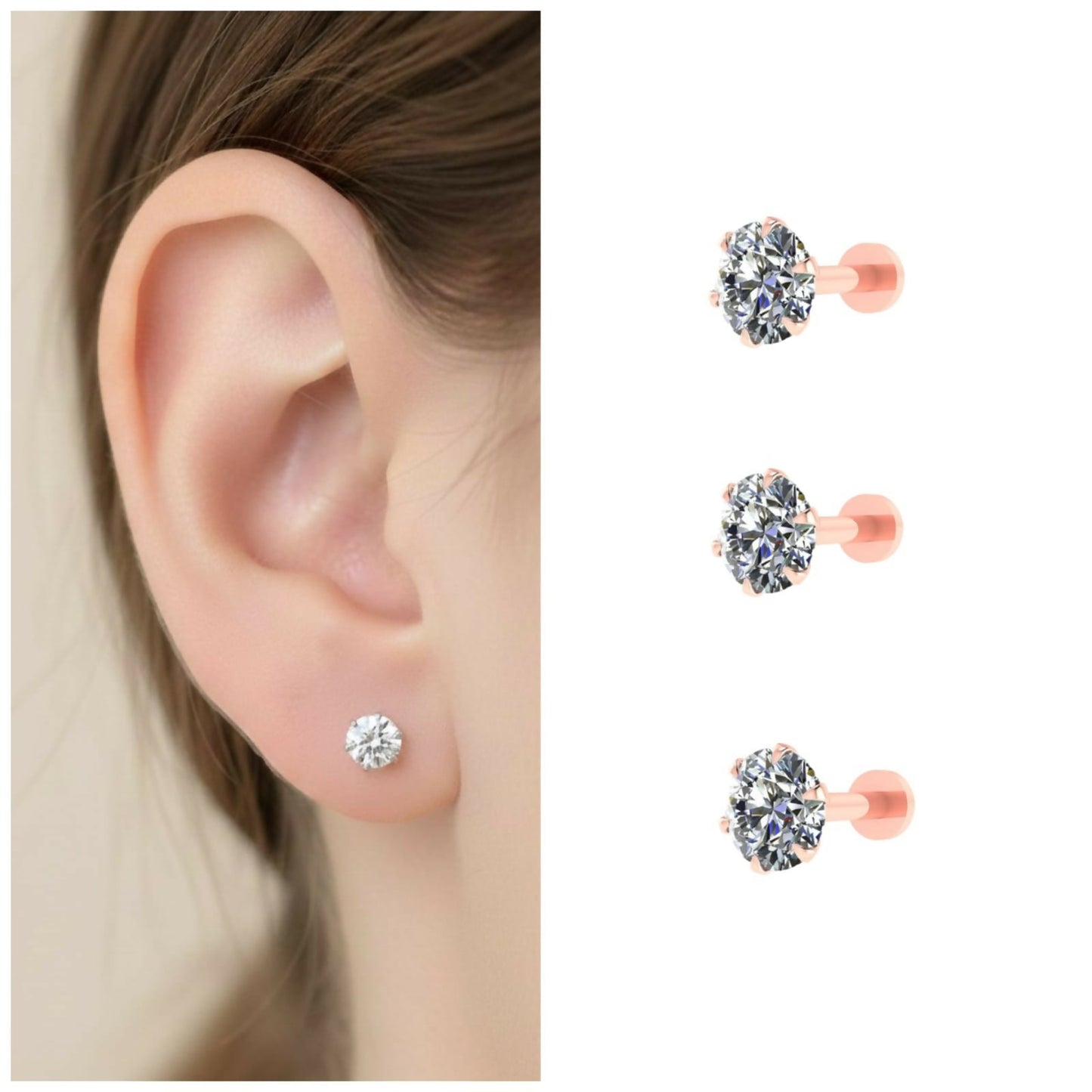 Rose Plated Solitaire Flat-Back Stud Earring Set Combo Pack of 3