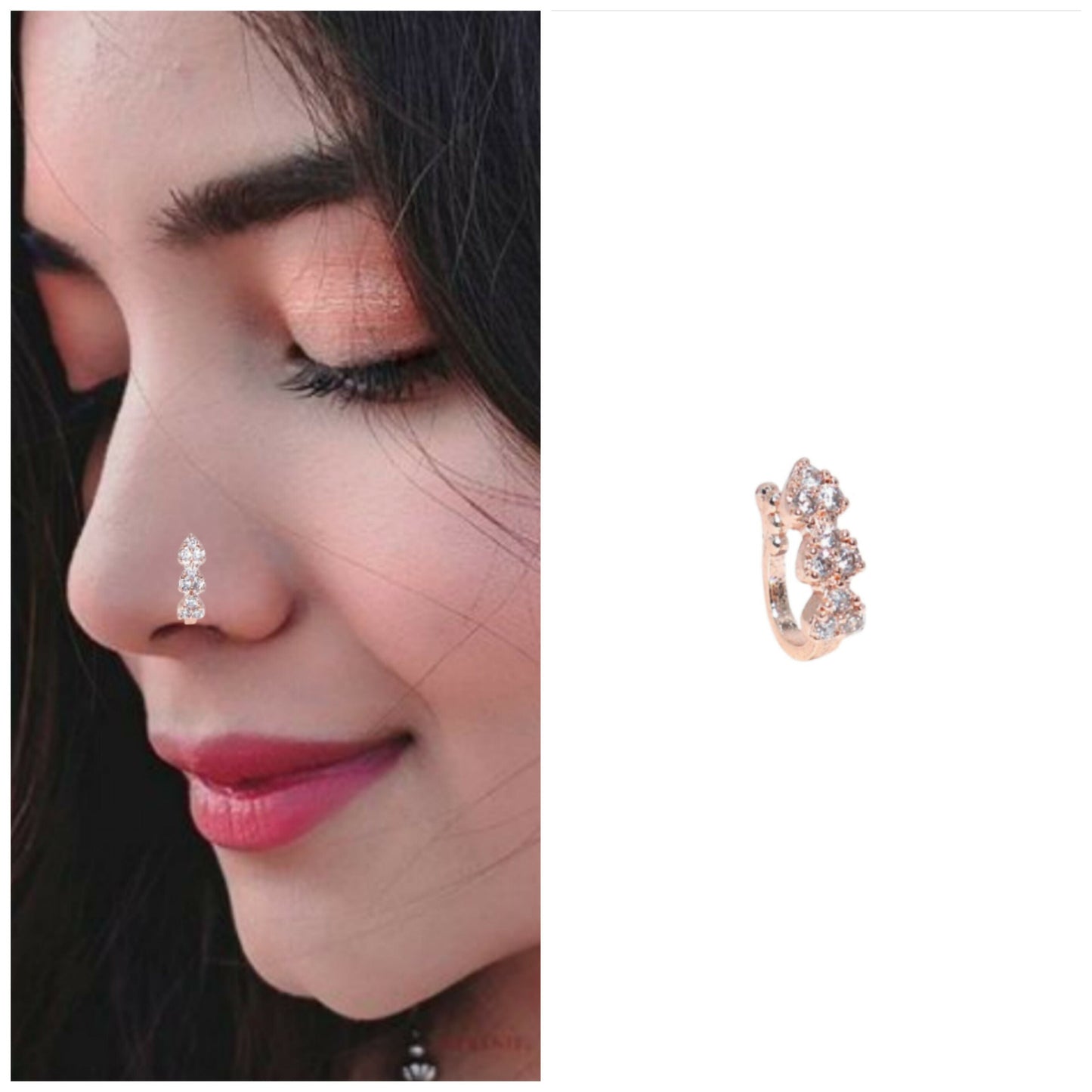 Triple Cluster AD No Piercing Nose Ring Nath - Artificial Gold/Rose Artificial Gold