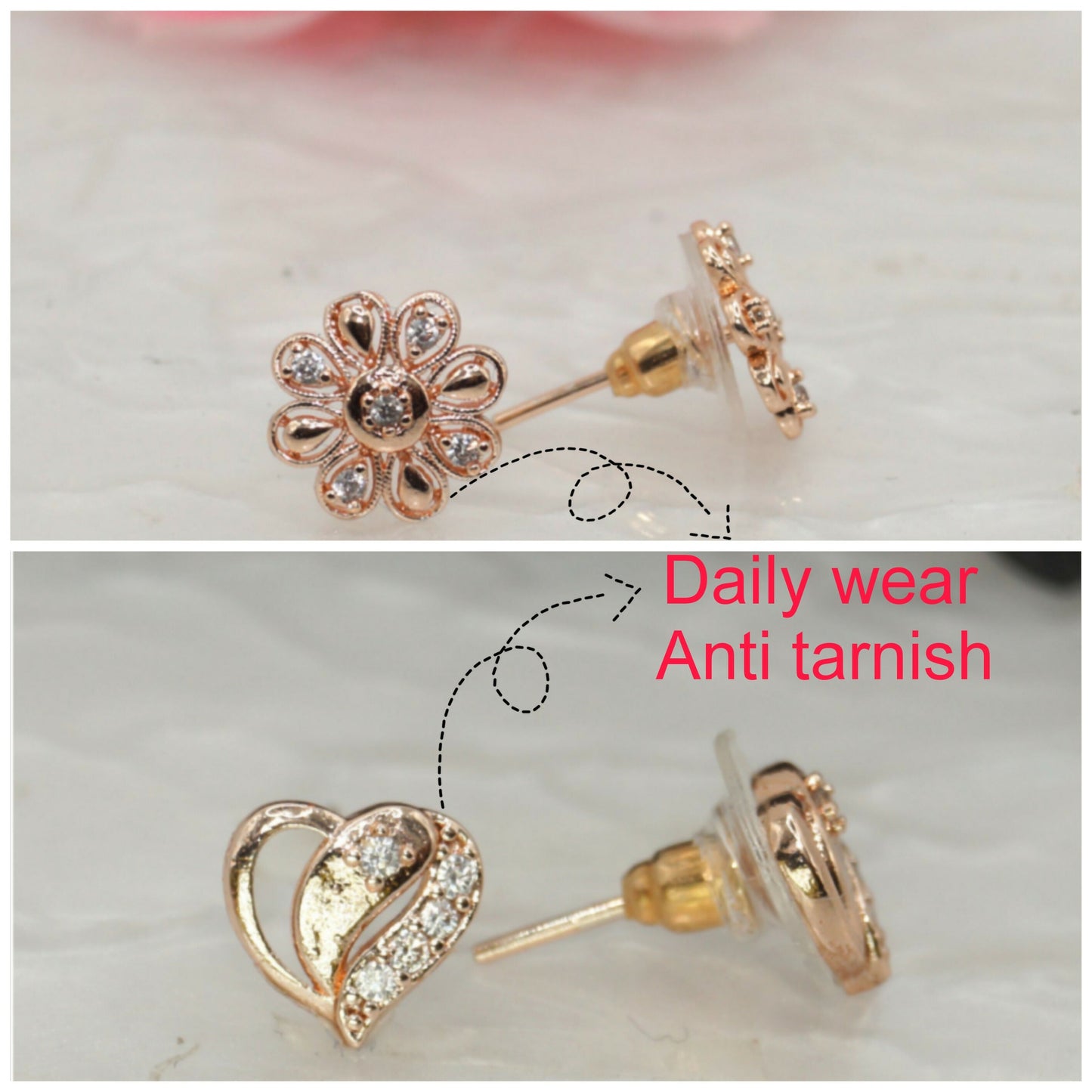 Rose Artificial Gold AD Stud Earrings - Flower & Heart Shape Daily Wear for women and girls Combo Pack of 2