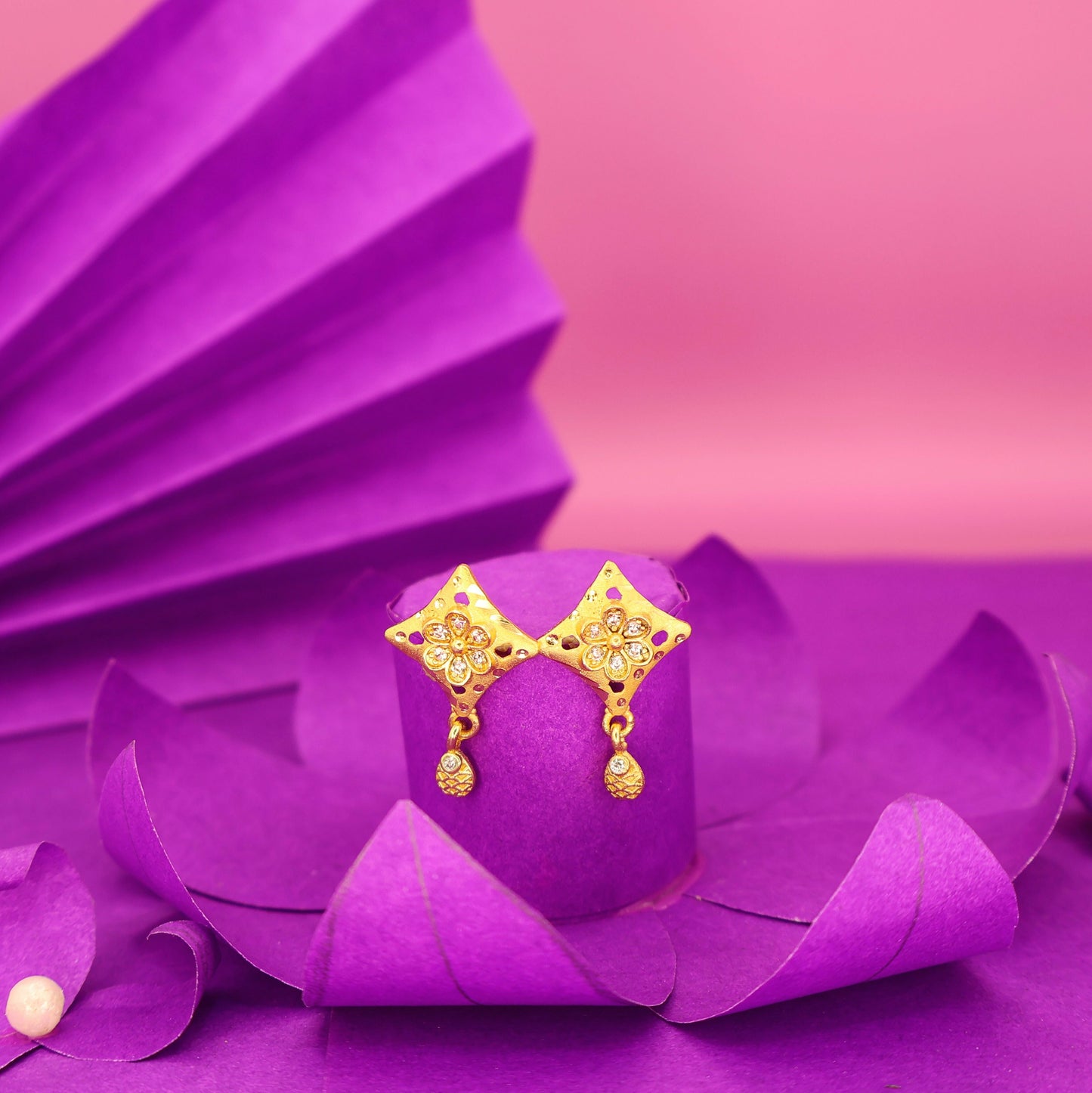 Rose Artificial Gold AD Flower Dangle Stud Earrings for Women and girls