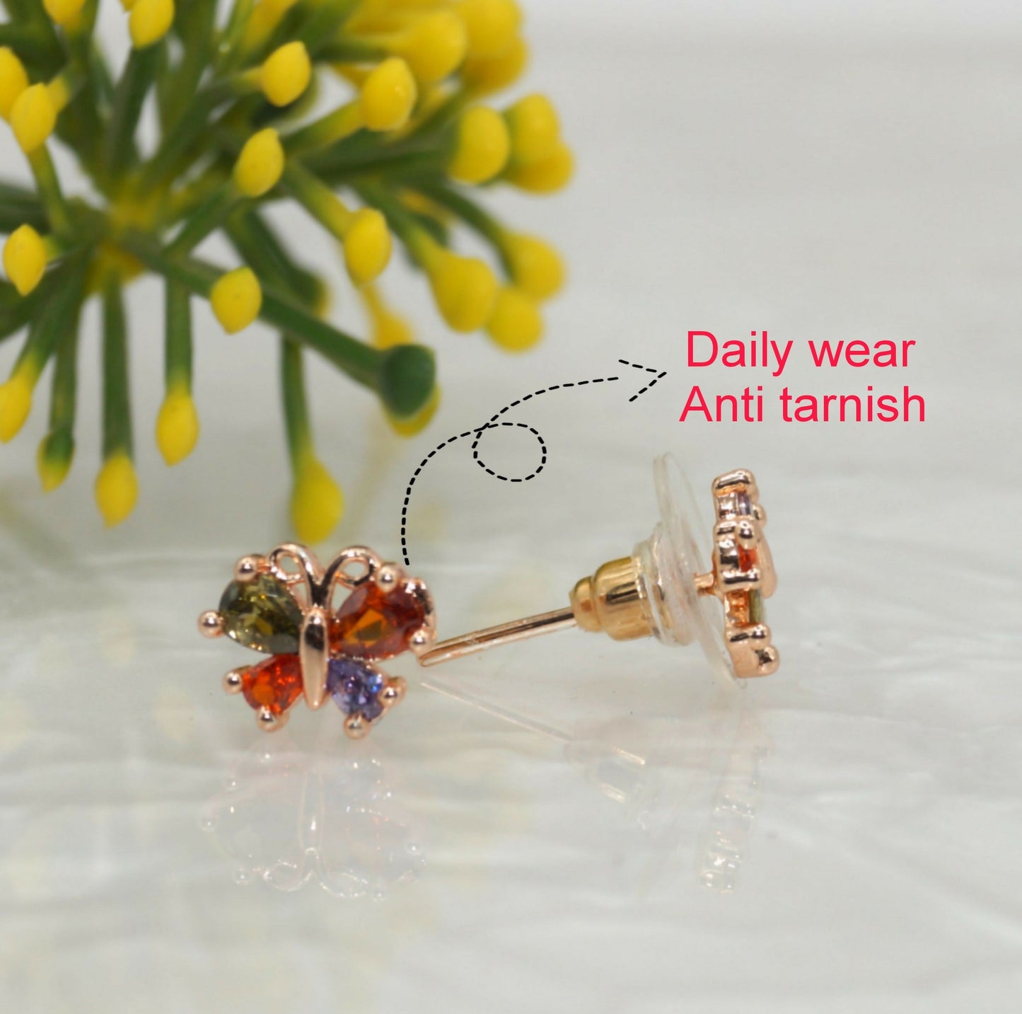 Rose Artificial Gold Butterfly Stud Earrings | Multi-Color AD | Cute Daily Jewelry for women and girls