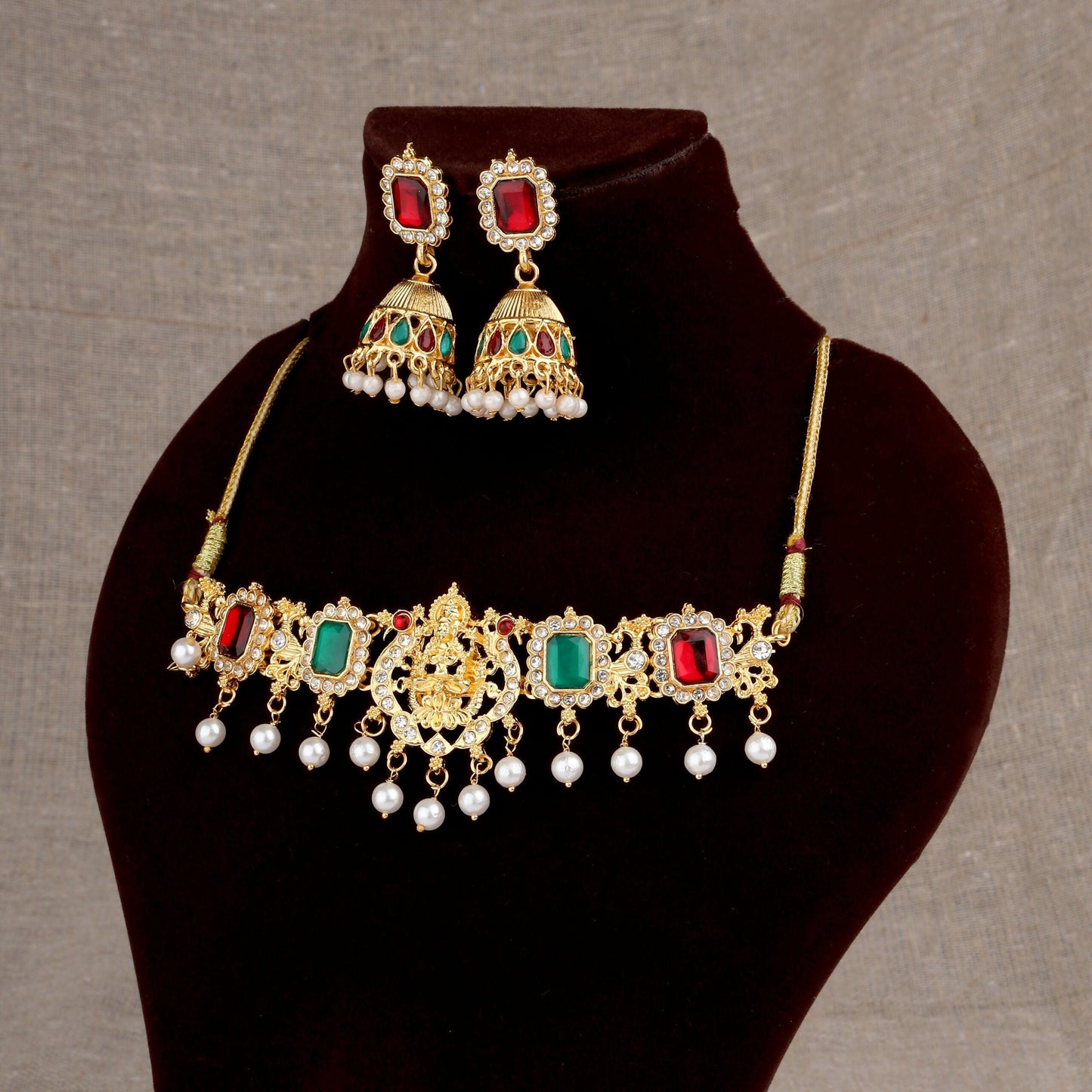traditional Artificial Gold-Plated Lakshmi Temple Choker Set with Jhumkas