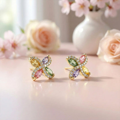Multicolor Crystal Butterfly Stud Earrings with    Artificial Gold Finish for Women