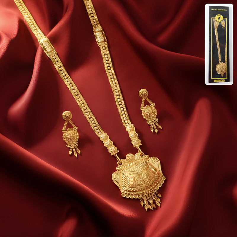 Artificial Gold-Tone Traditional Necklace Set with Ornamental Pendant & Matching Earrings