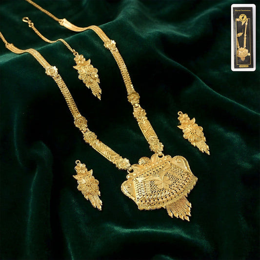 Majestic   Artificial Gold-Finish Long Necklace Set with Intricate Traditional Craftwork
