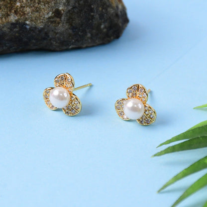 Pearl Center Clover Design Stud Earrings with    Artificial Gold Finish for Women