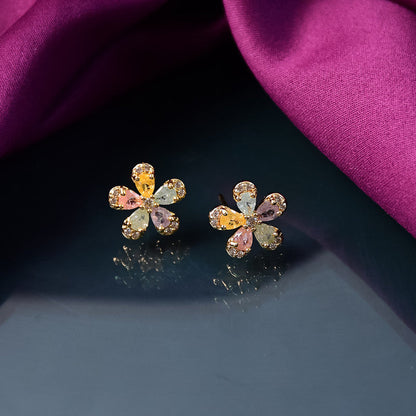 Multicolor Crystal Petal Flower Stud Earrings with    Artificial Gold Finish for Women